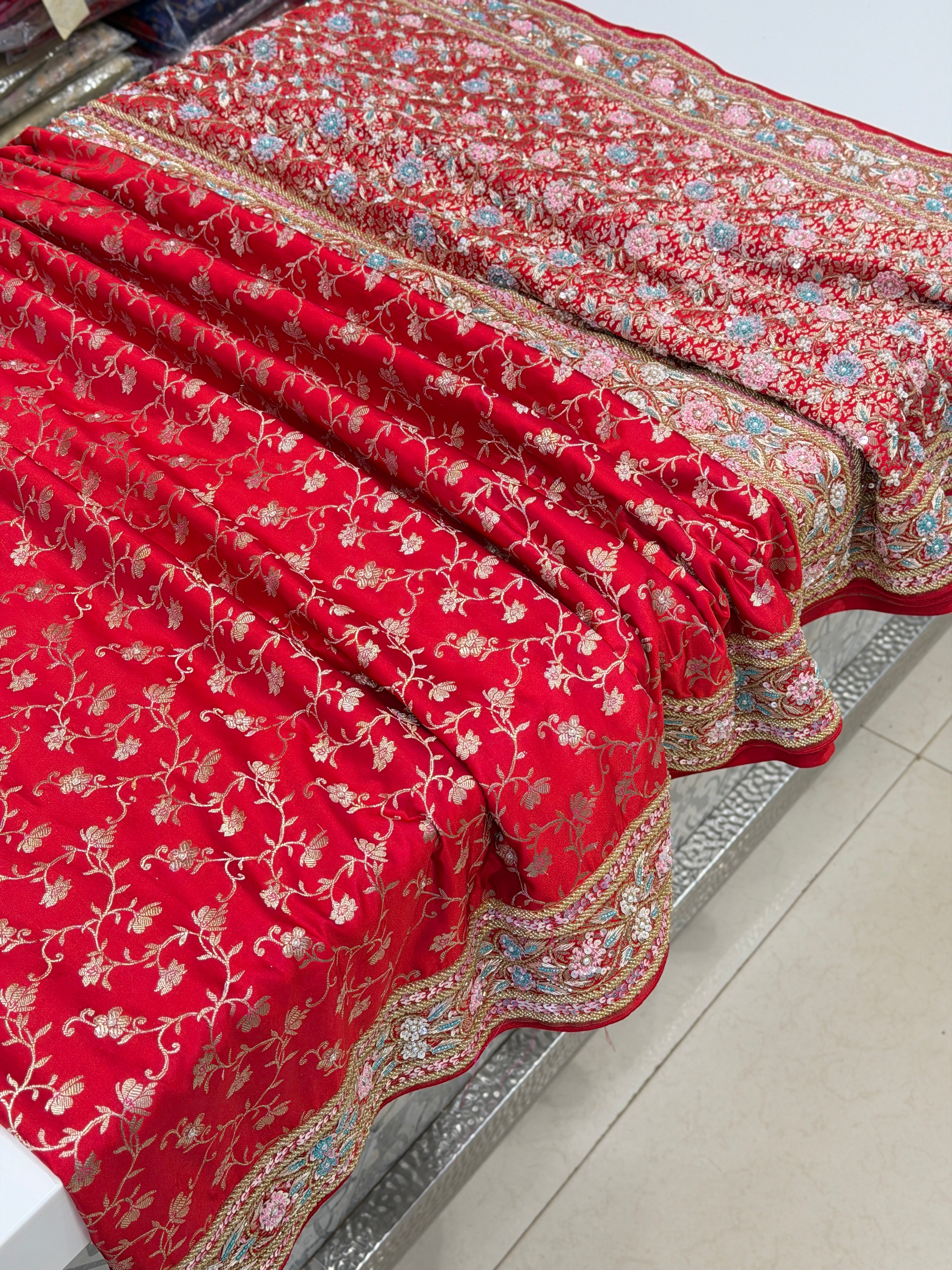 Red Banarasi Pine Jaal Moti Zardosi Hand Embroidery Saree