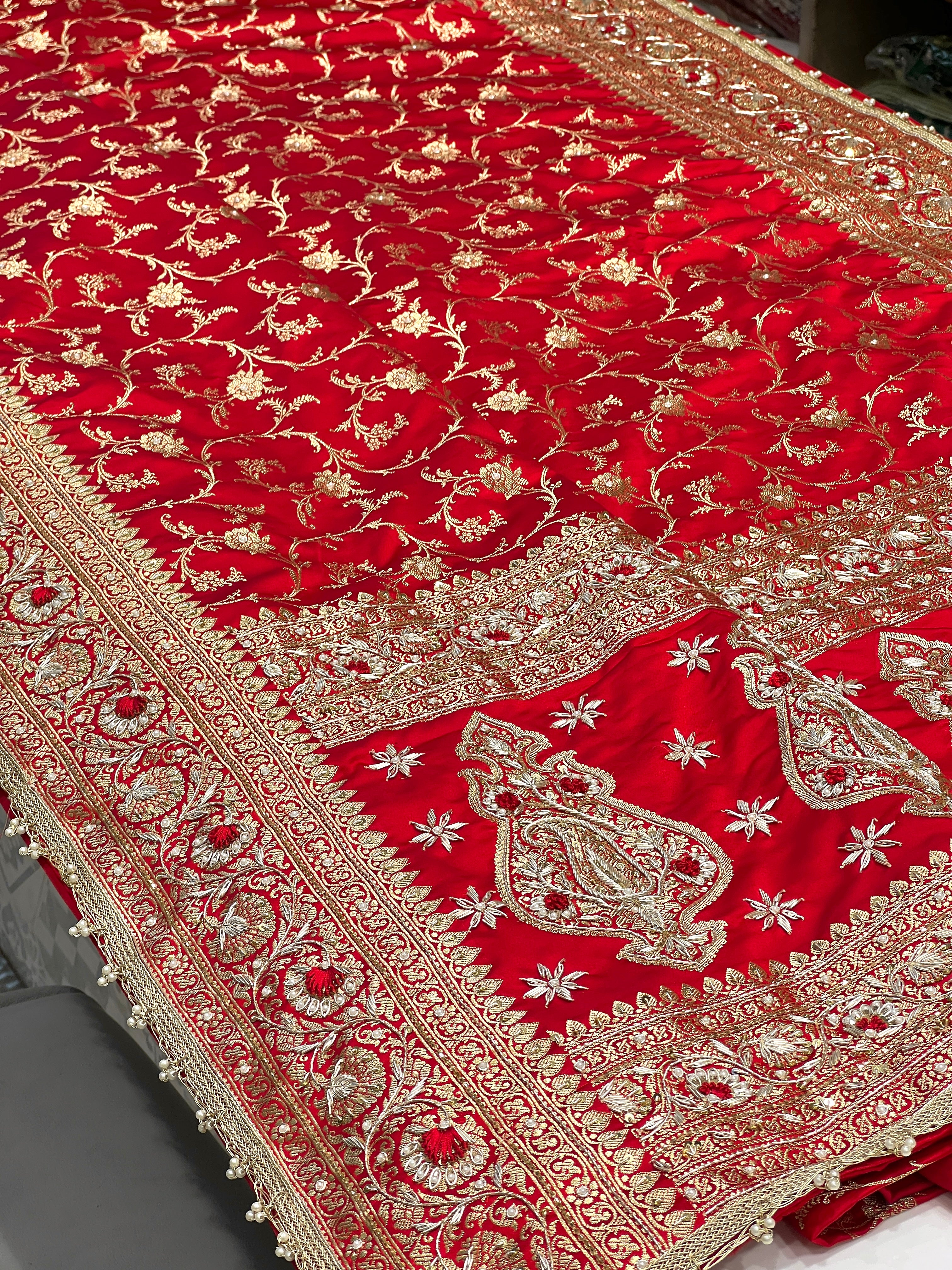 Red Banarasi Rose Jaal Resham Hand Embroidery Saree