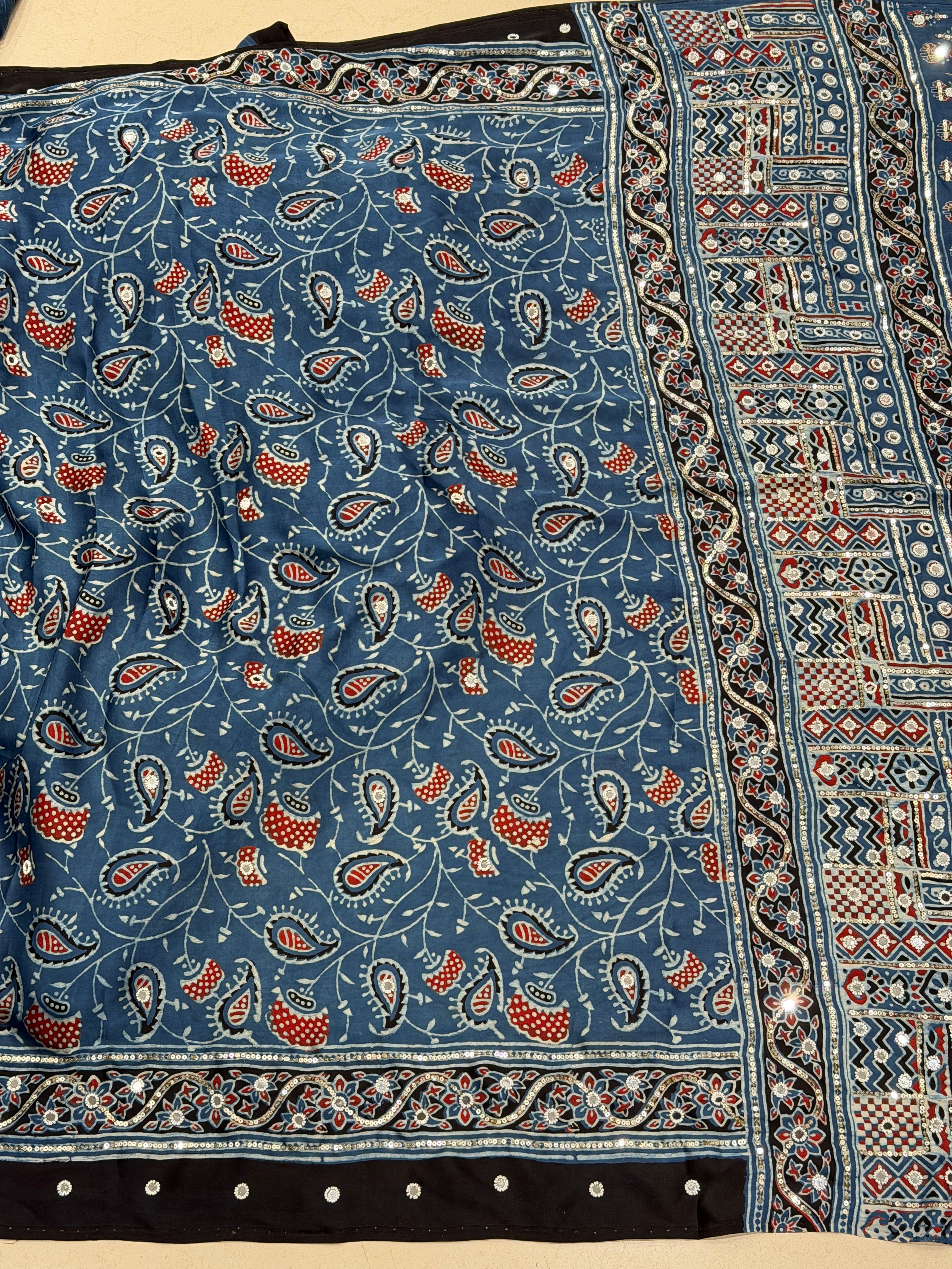 Blue Ajrakh Jaal Real Mirror Moti Sequin Hand Embroidery Saree