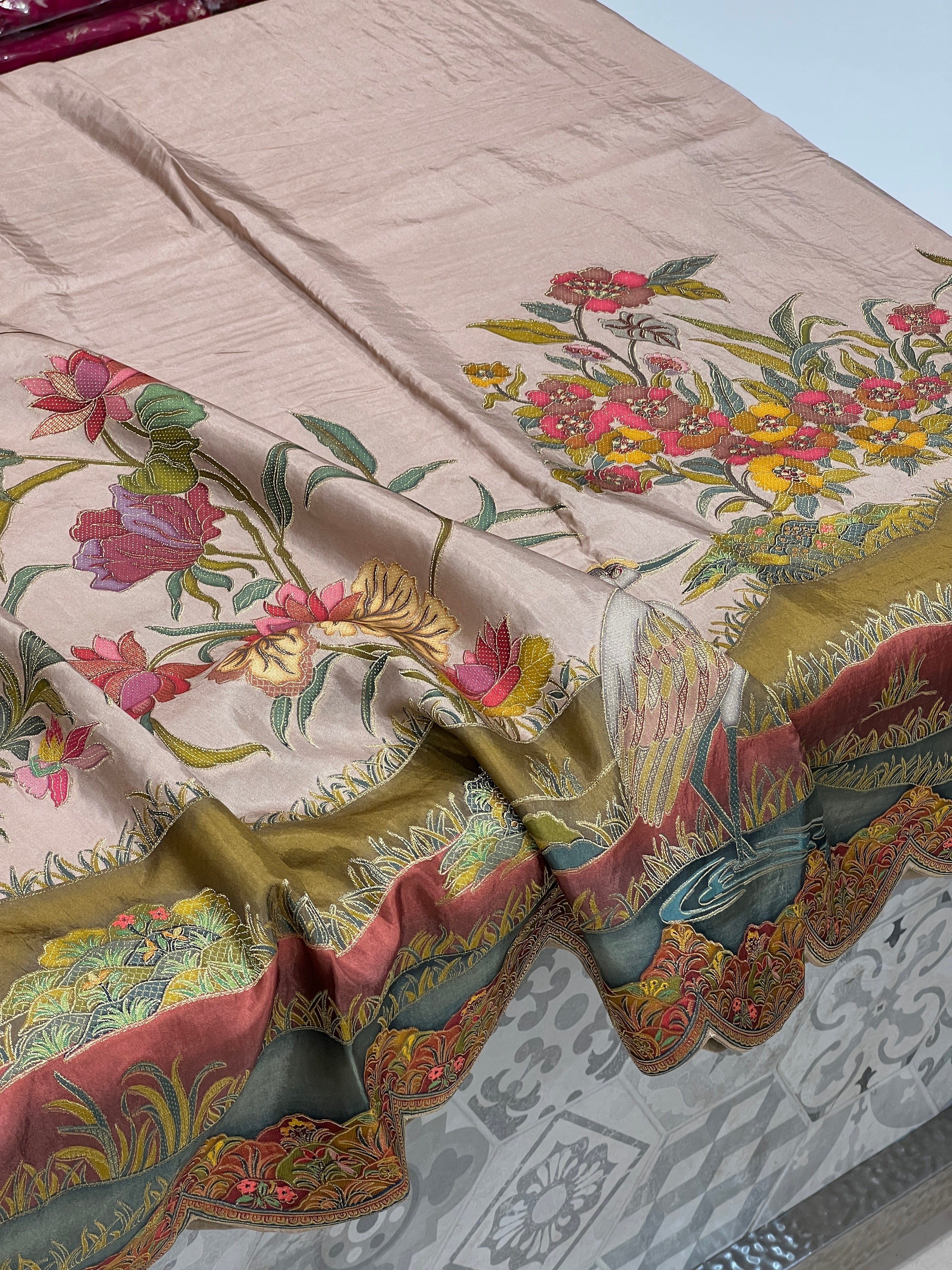 Nude Beige Munga Silk Landscape Saree