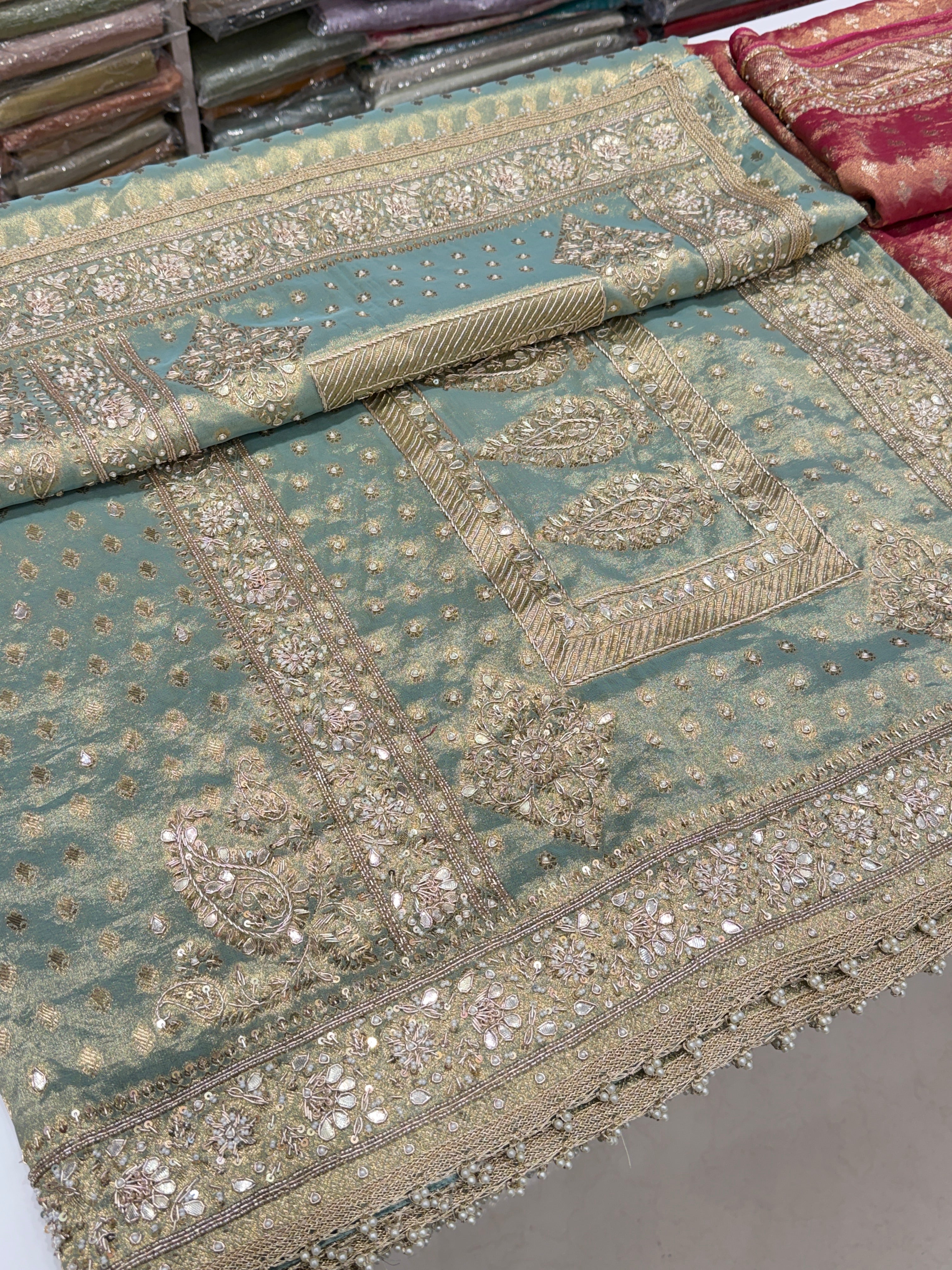 Sea Green Tissue Banarasi Buttis Zardosi Embroidery Saree