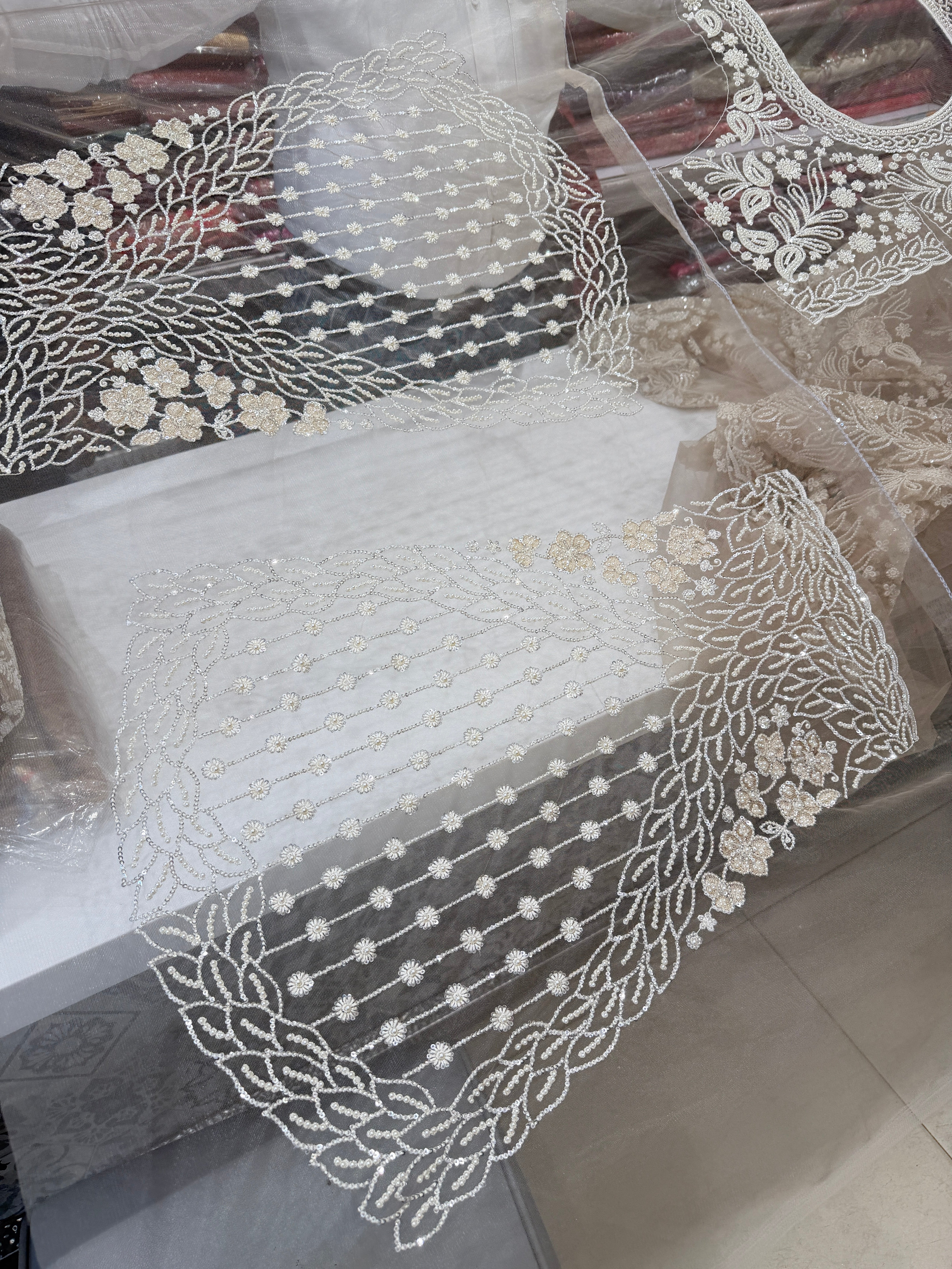 Beige Resham Moti Jaal Net Embroidery Saree Heavy Blouse