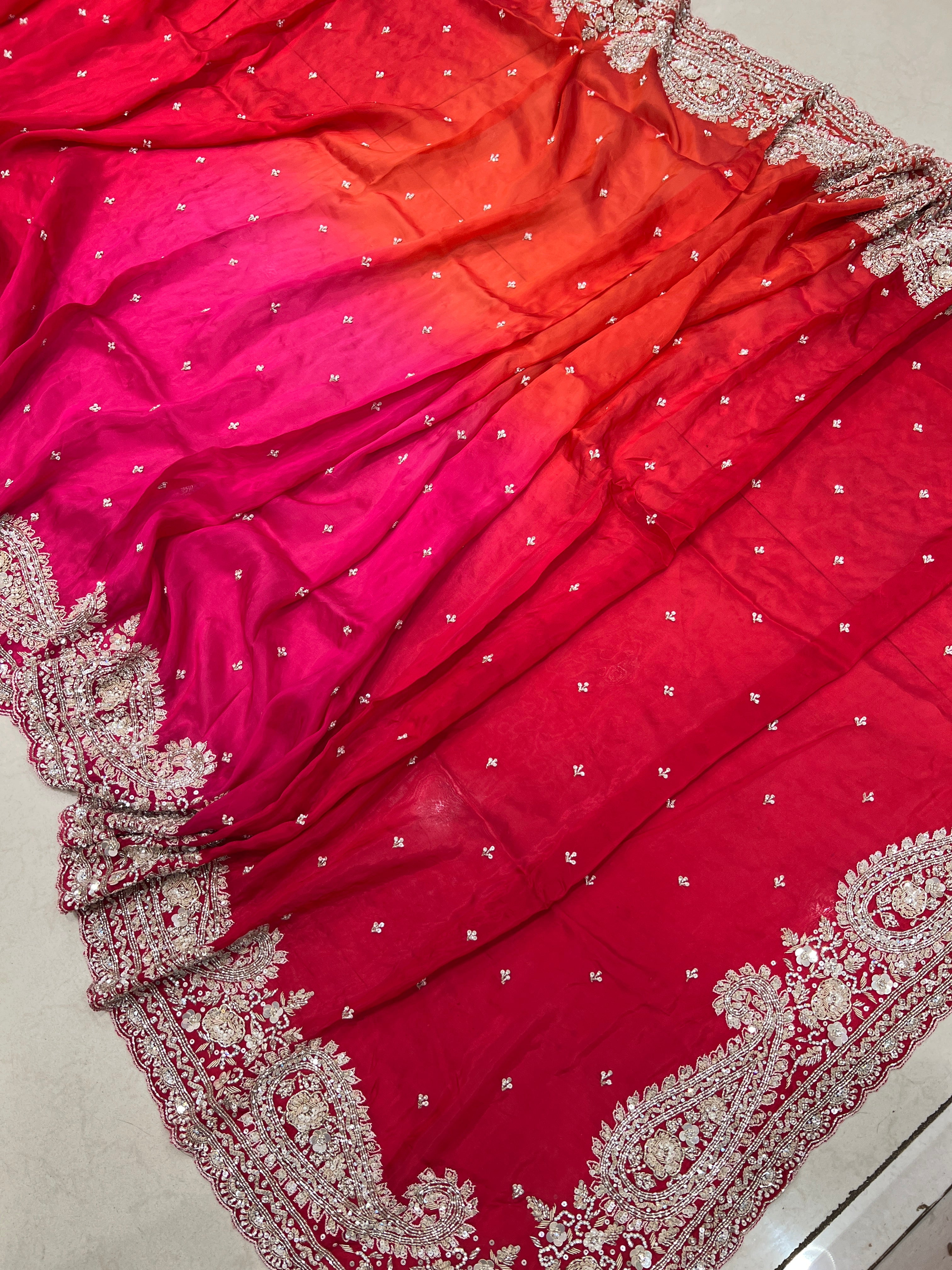 Shaded Satin Organza Hand Embroidery Saree