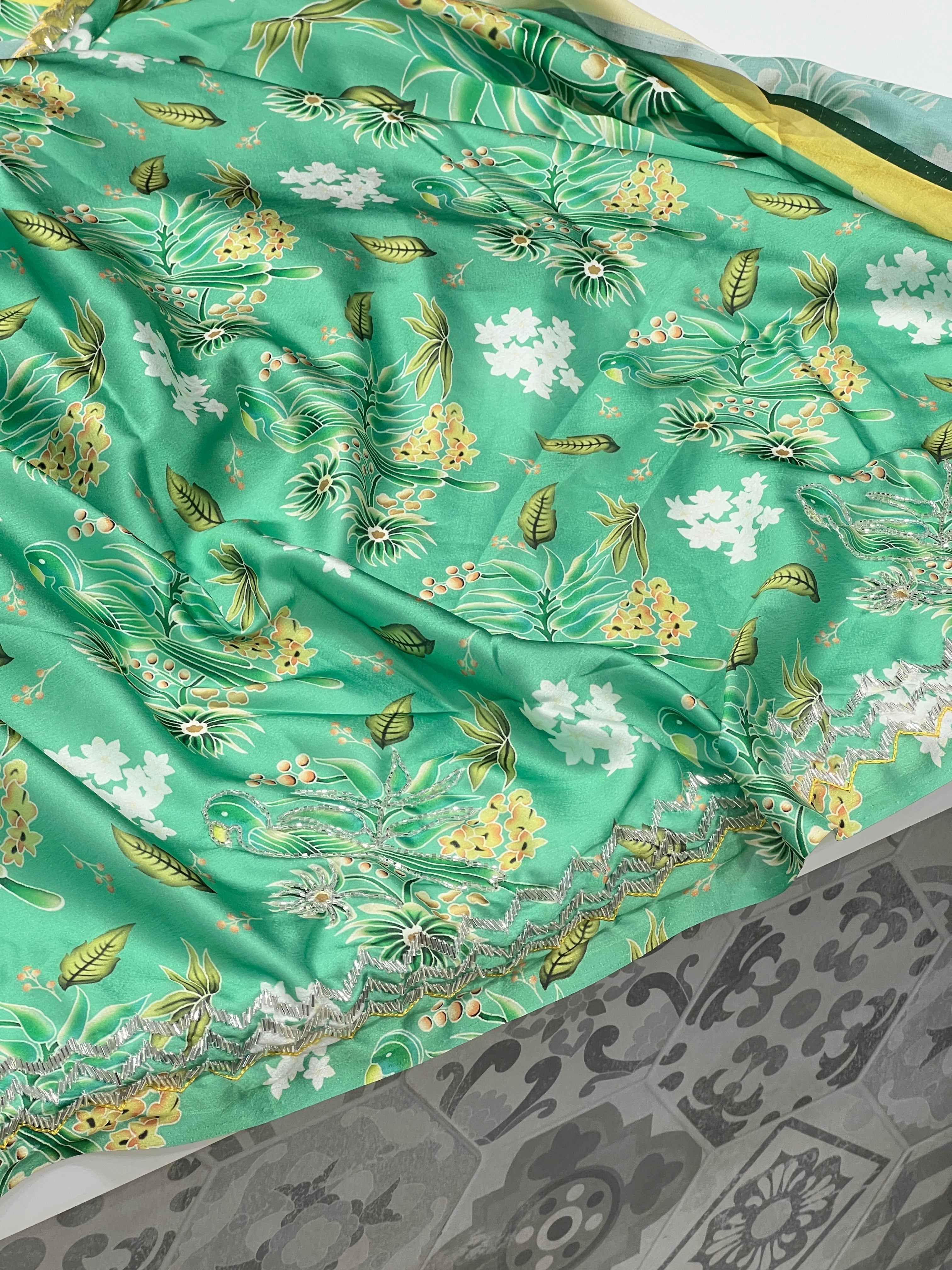 Green Printed Satin Hand Embroidery Saree