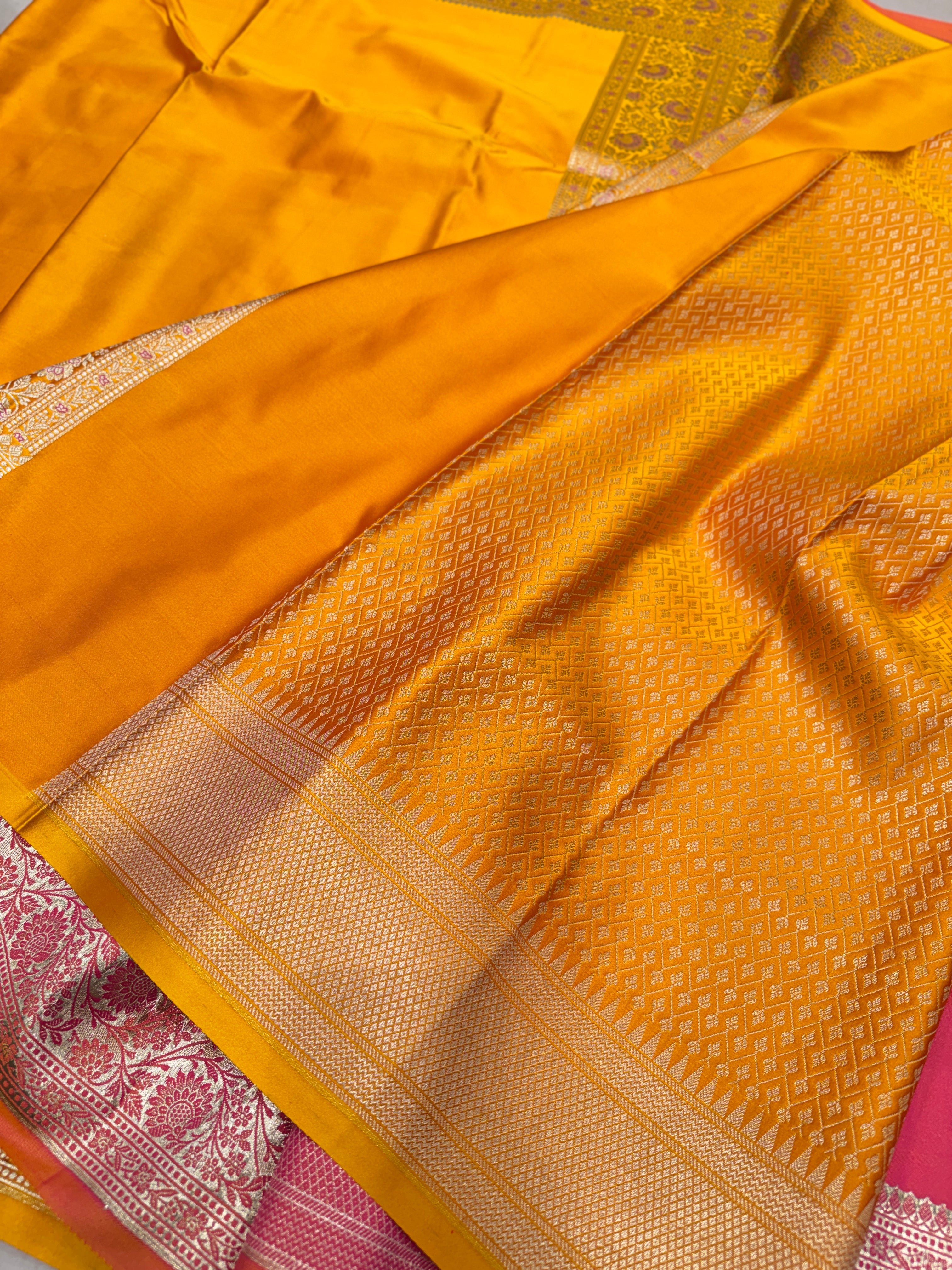 Mango Yellow Banarasi Plain Upside Down Border Saree