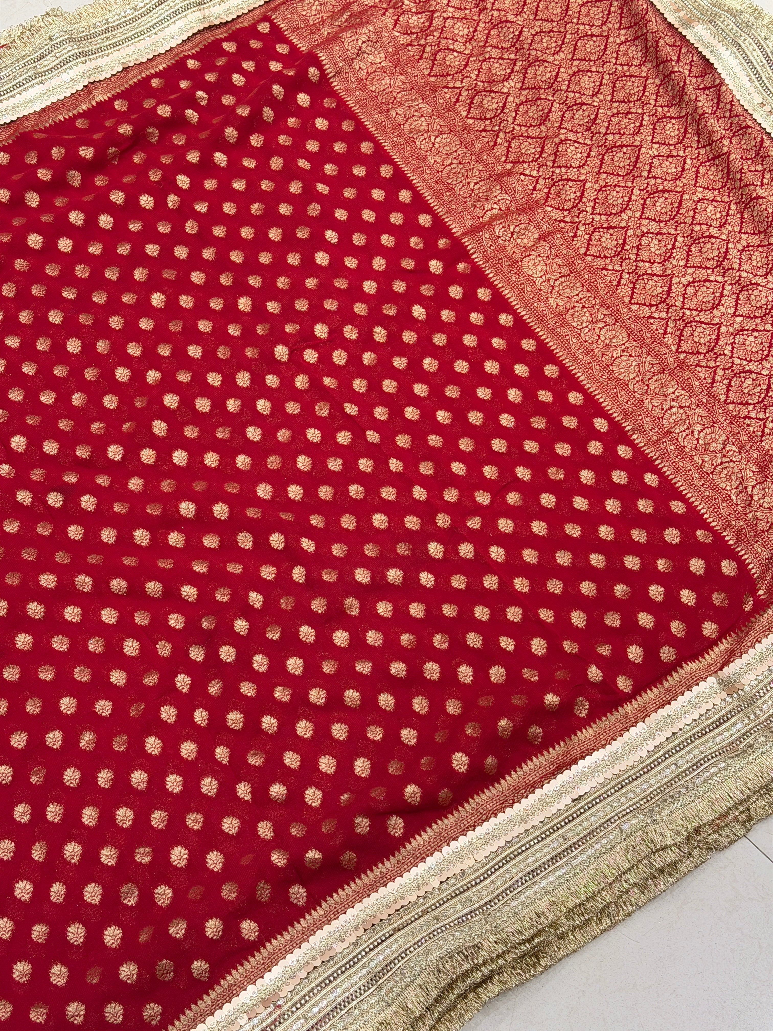 Red Banarasi Khaddi Georgette Buttis Maharani Lace Saree