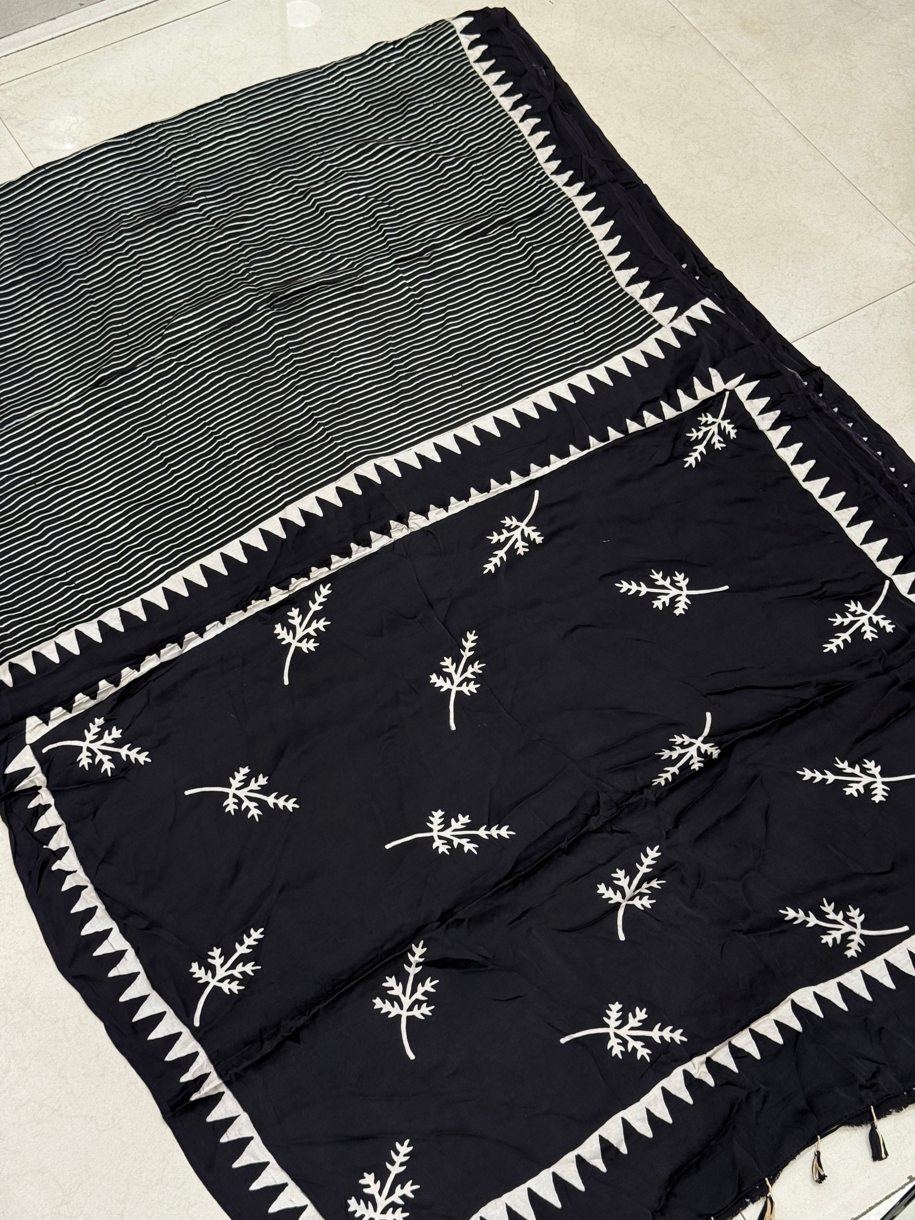 Black Contemporary Leaf Pallu Ajrakh Hand Block Print Pure Gajji Silk Saree