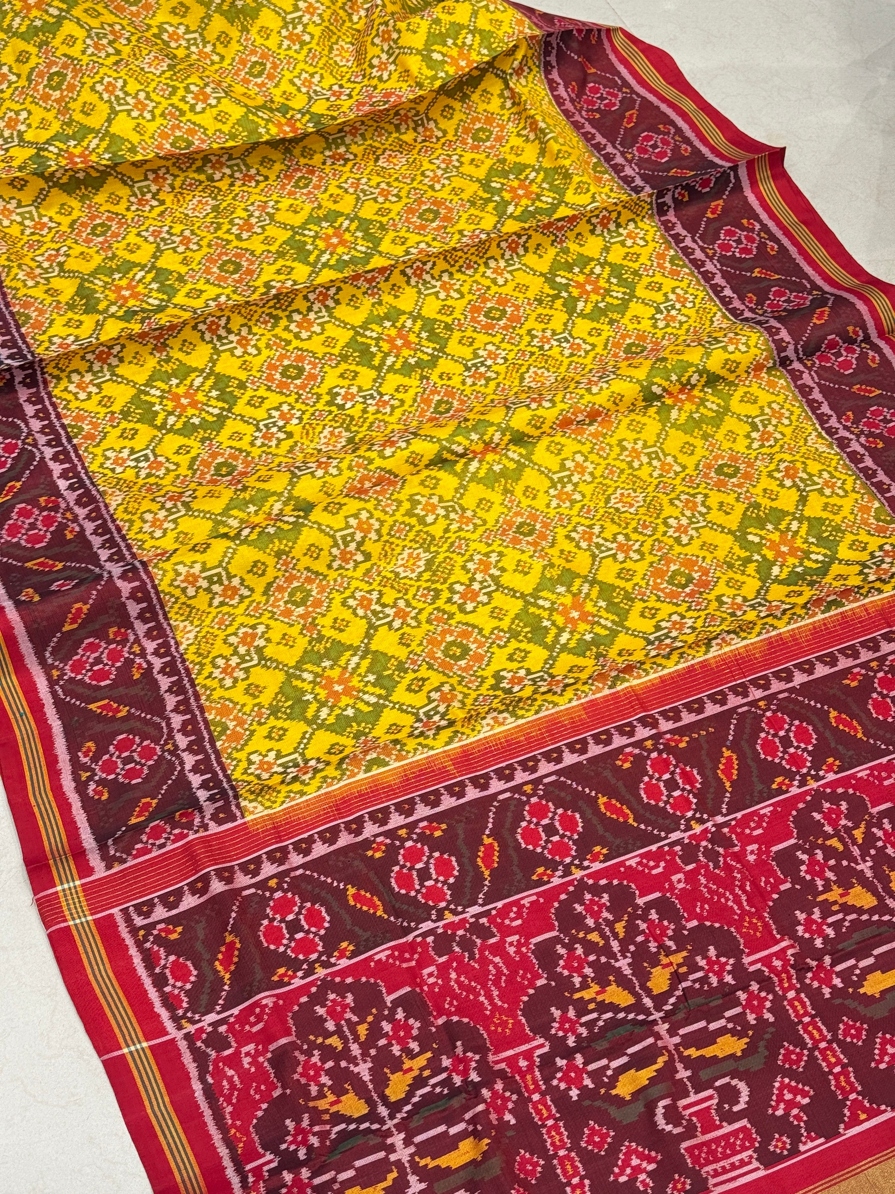 Yellow Maroon Ikkat Handloom Patola Silk Saree