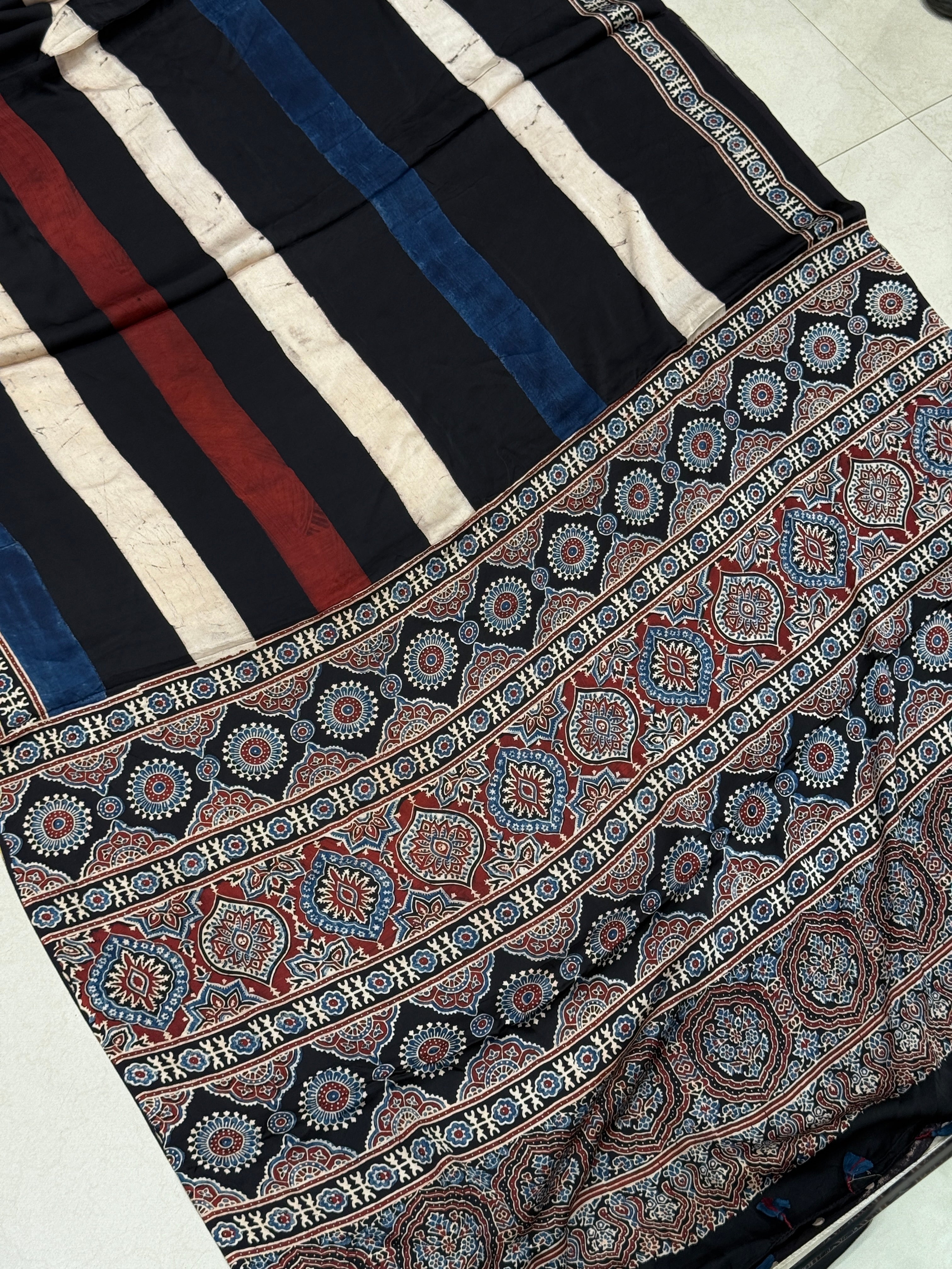 Black Contemporary Line Modal Silk Ajrakh Sareee