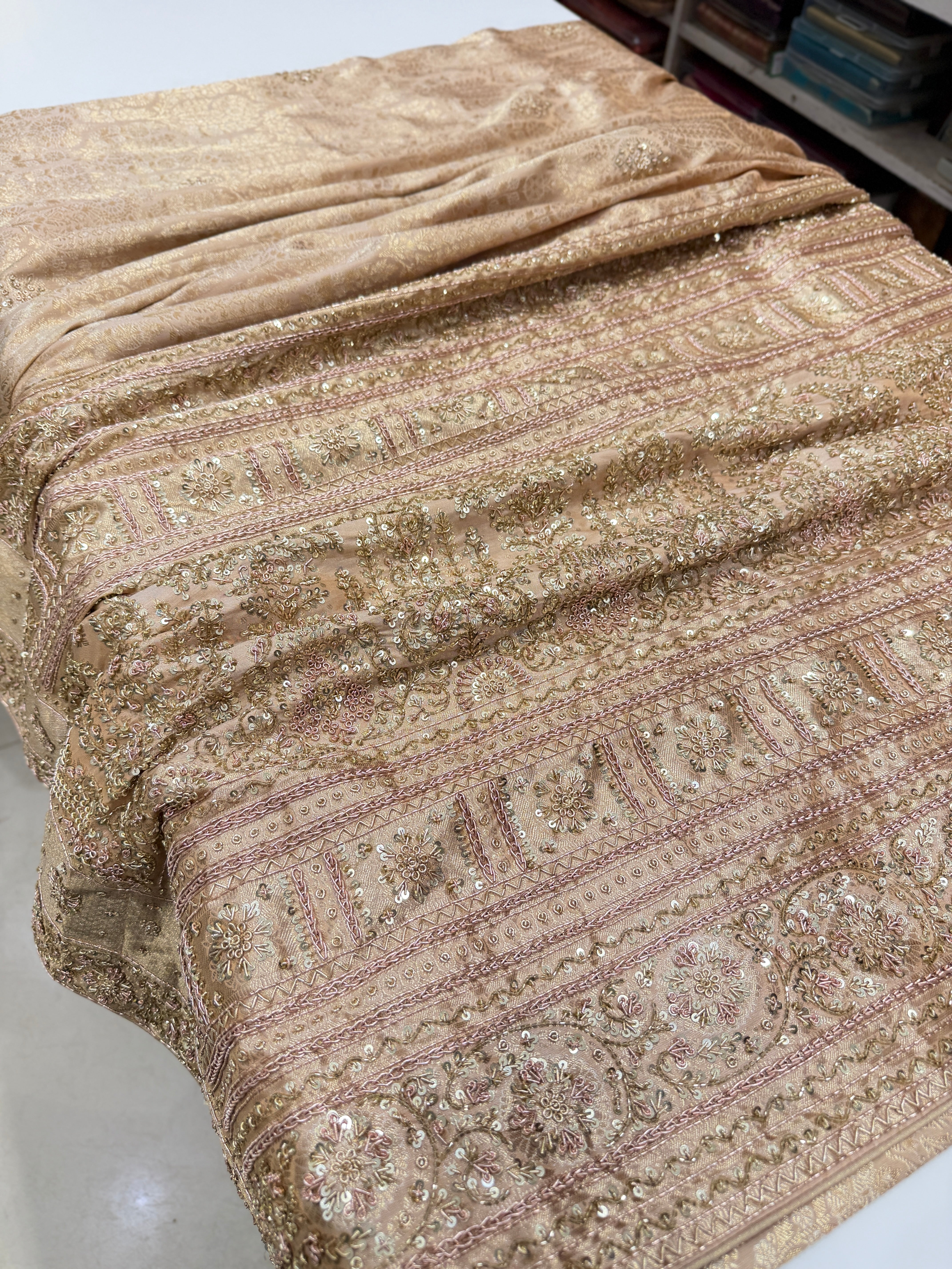 Beige Gold Crown Jaal Kanjivaram Zardosi Hand Embroidery Saree