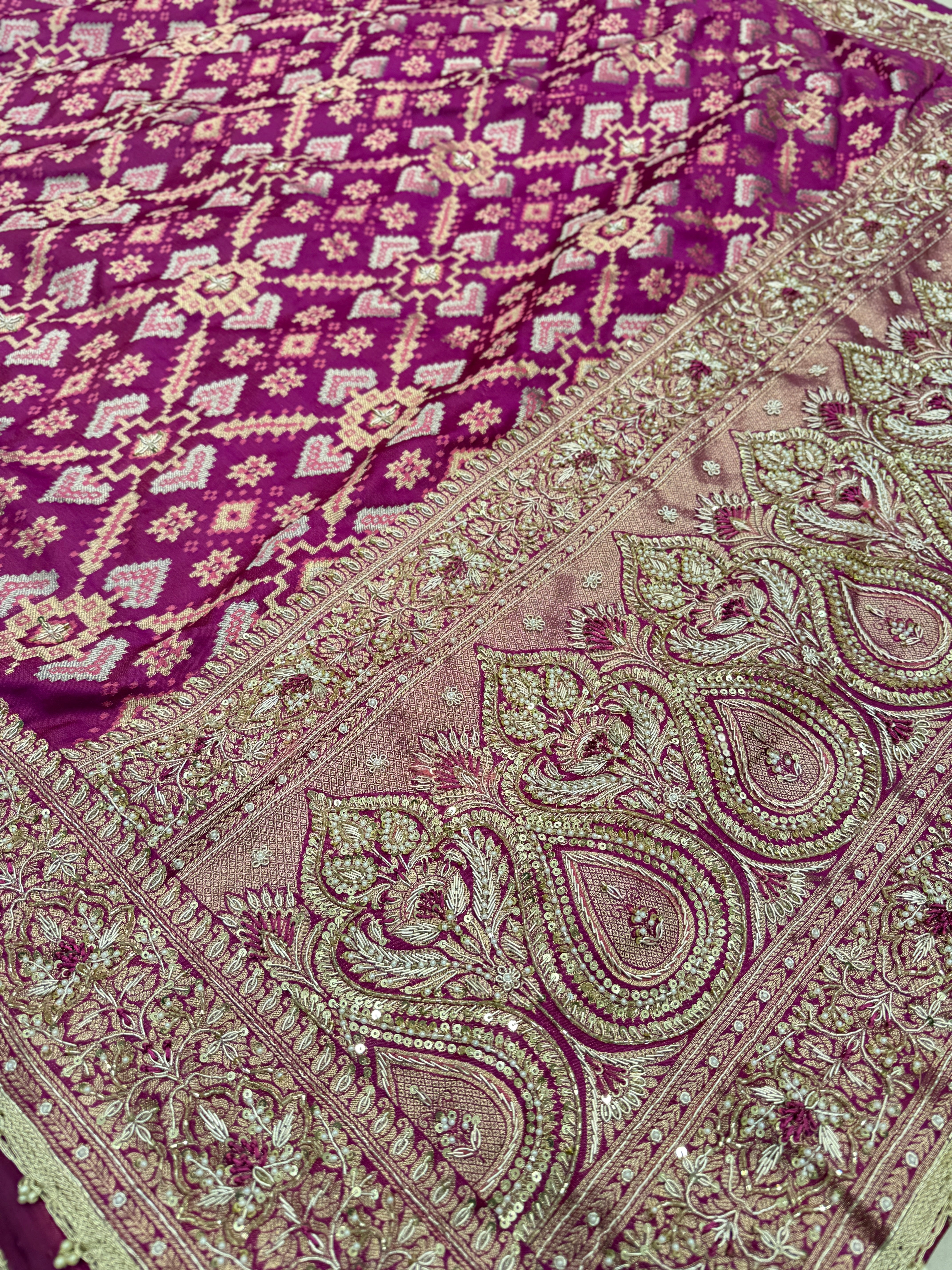 Wine Banarasi Patola Zardosi Knot Embroidery Saree