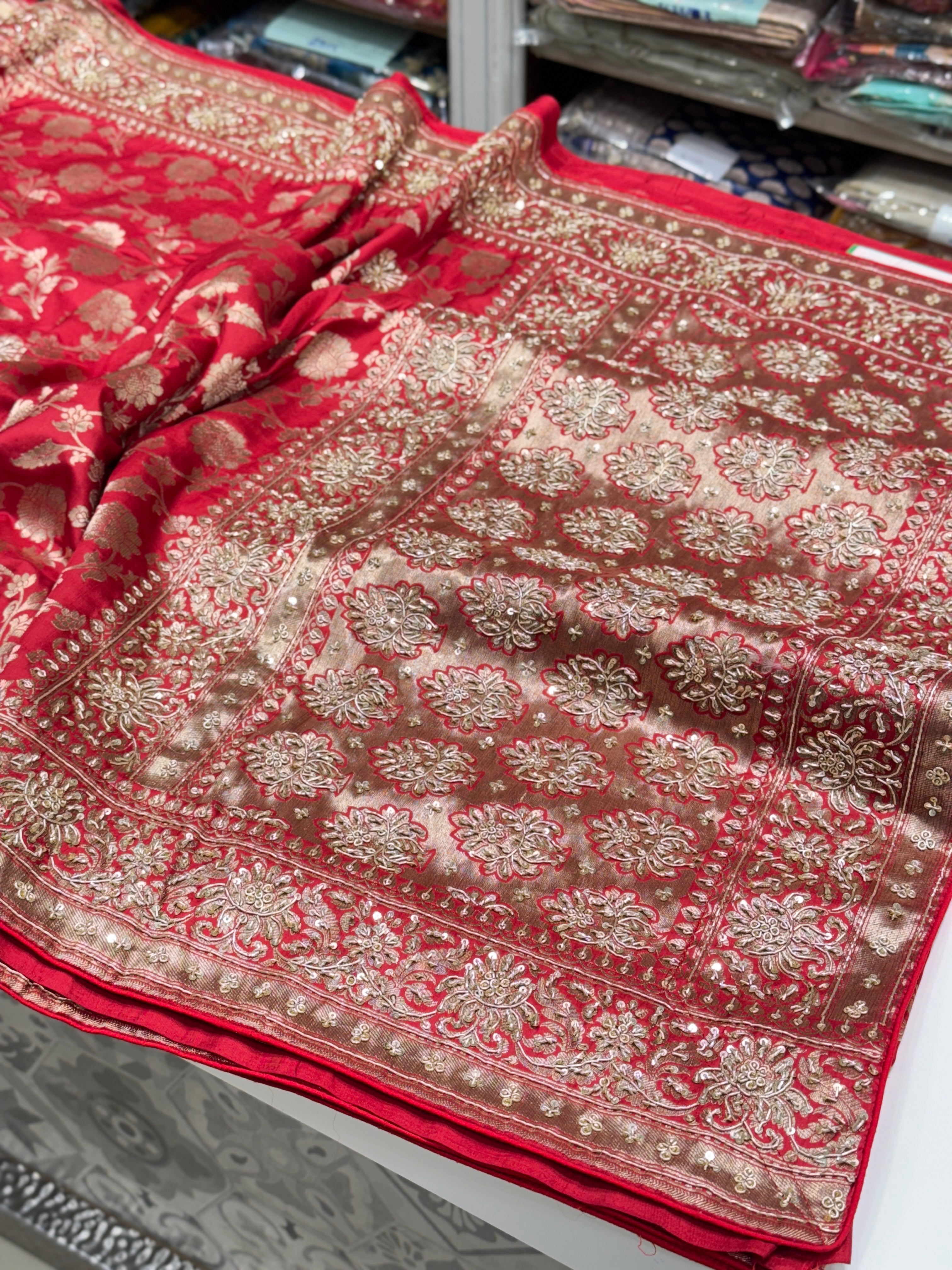 Red Banarasi Handloom Katan Embroidery Saree