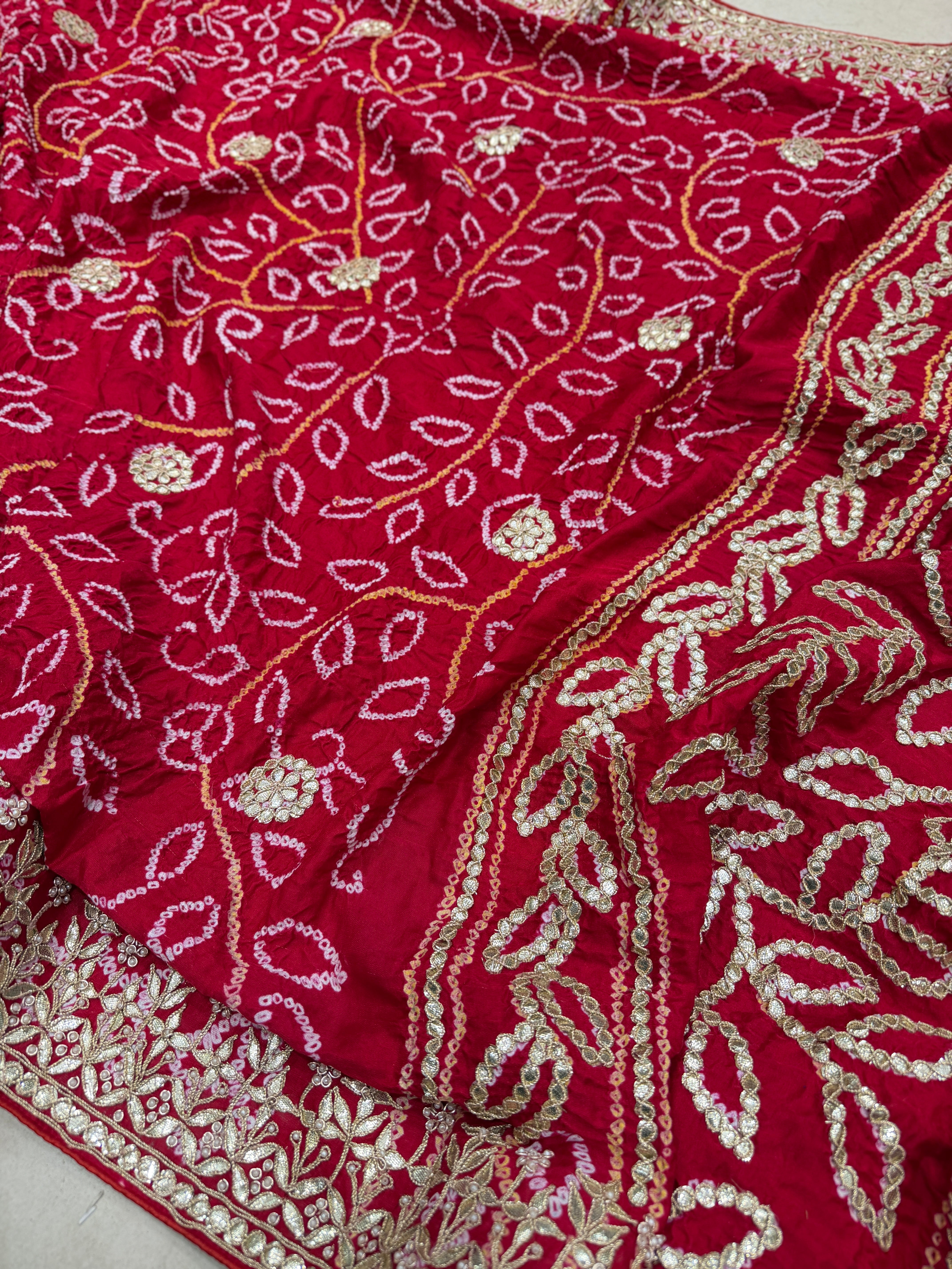 Red Gajji Silk Bandhej Hand Embroidery Gotapatti Marodi Saree