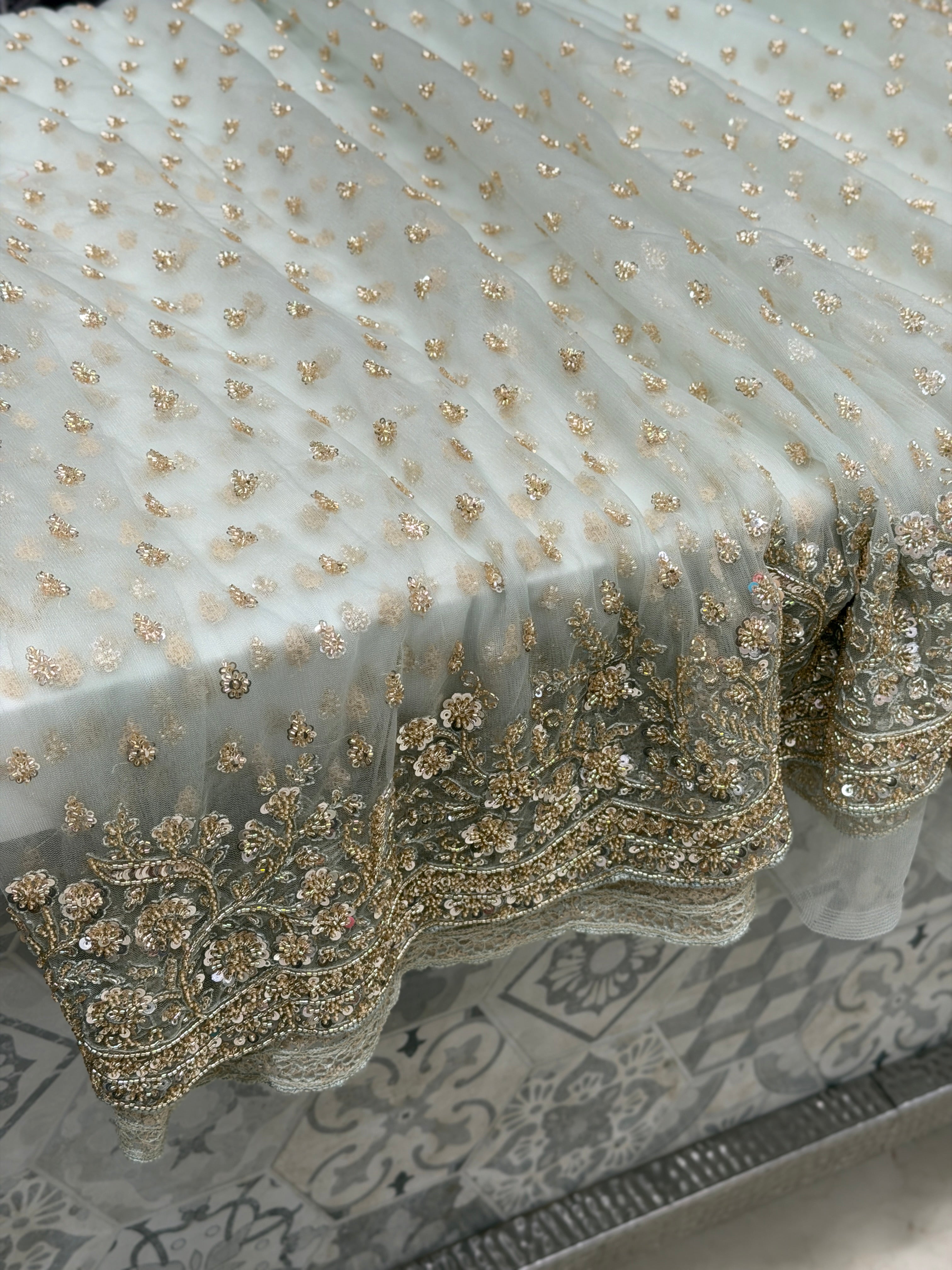 Light Blue Buttis Heavy Blouse Soft Net Embroidery Saree