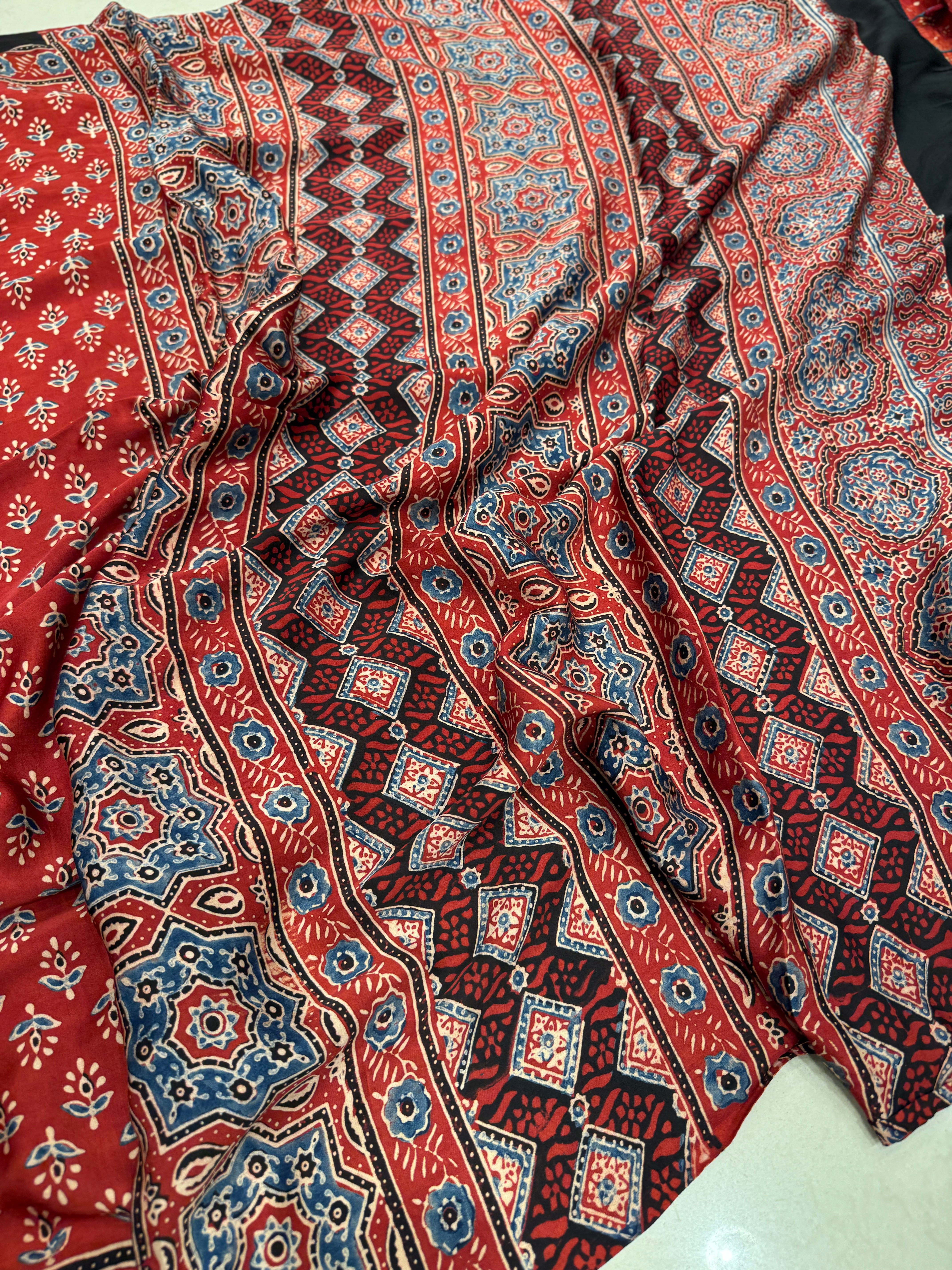 Red Buttis Ajrakh Saree Modal Gajji Silk Hand Block Print