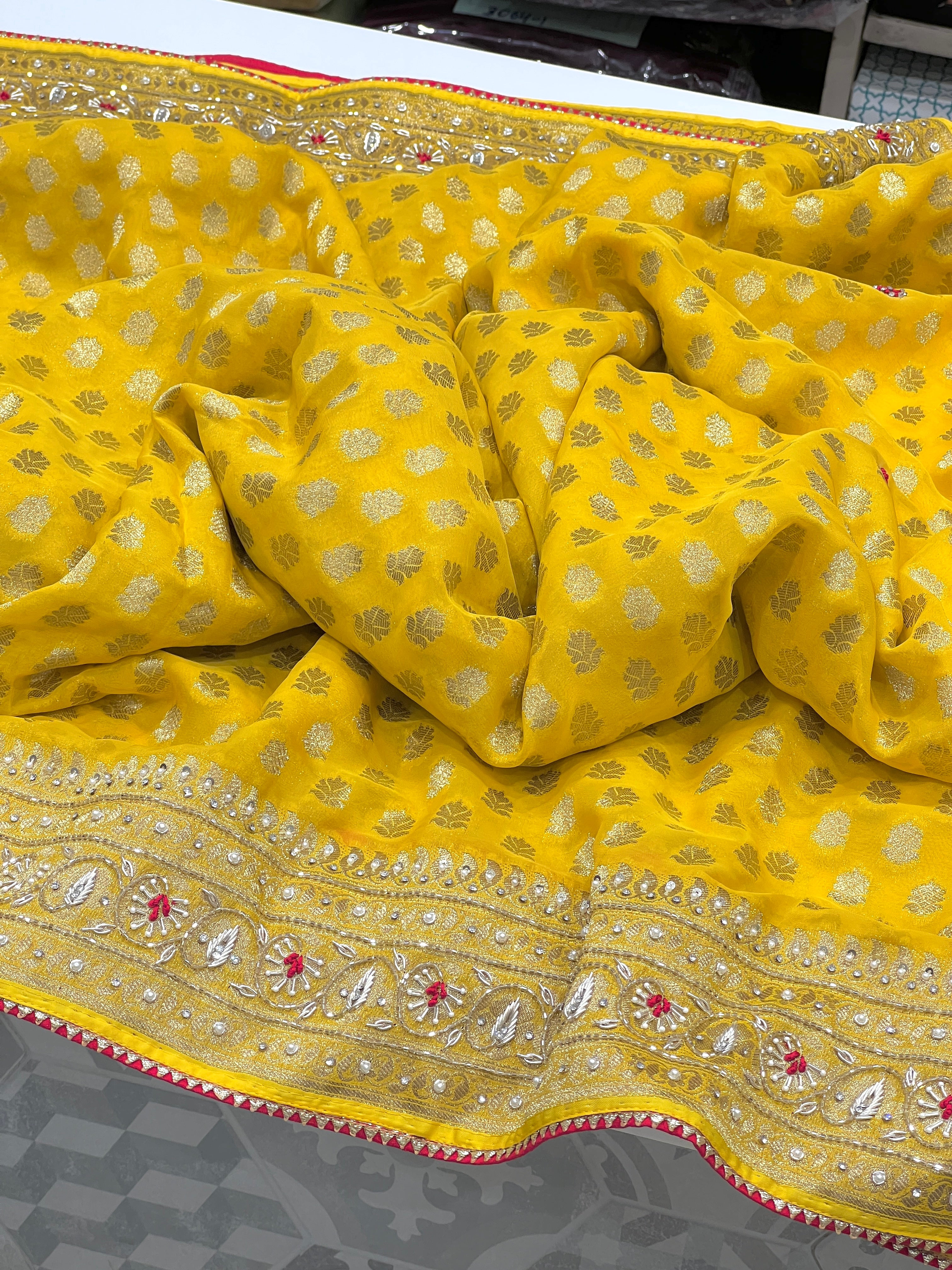 Yellow Georgette Butti Zardozi Resham Embroidery Saree