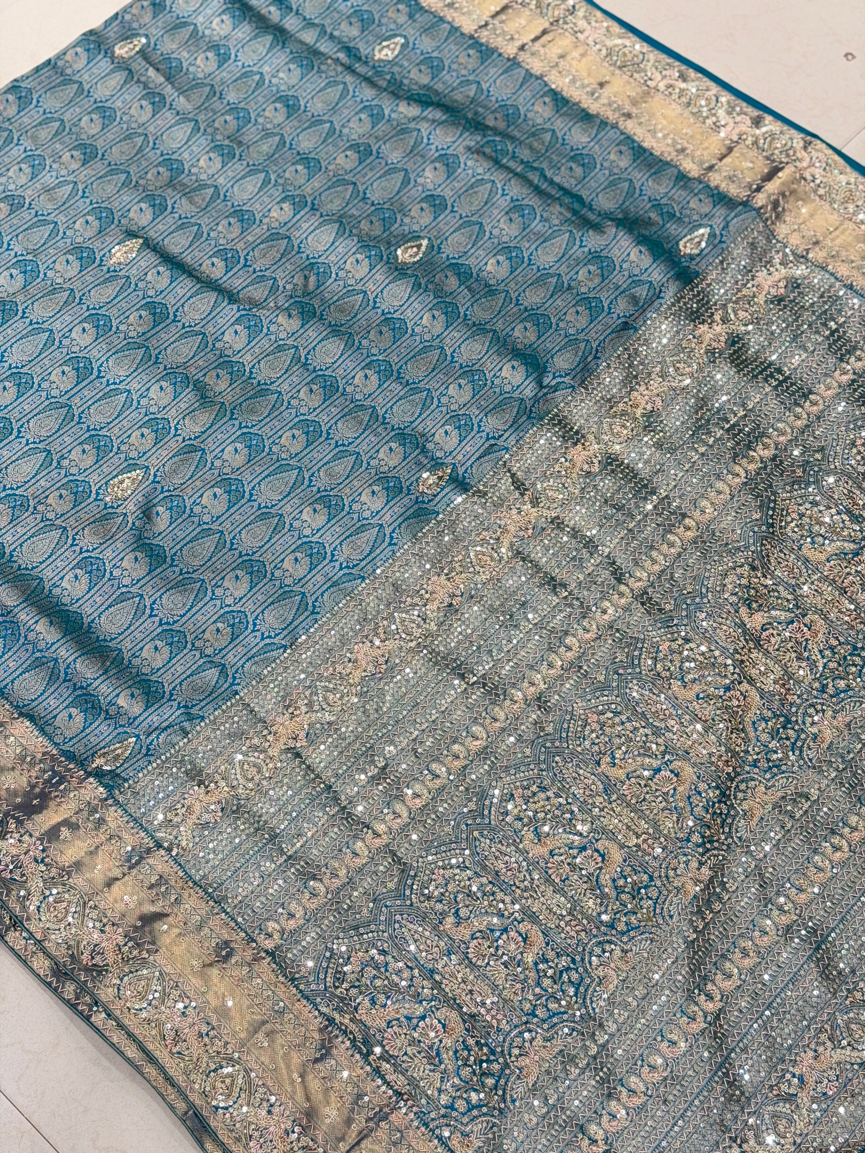 Sea Green Kanjivaram Peacock Motif Zardosi Hand Embroidery Saree