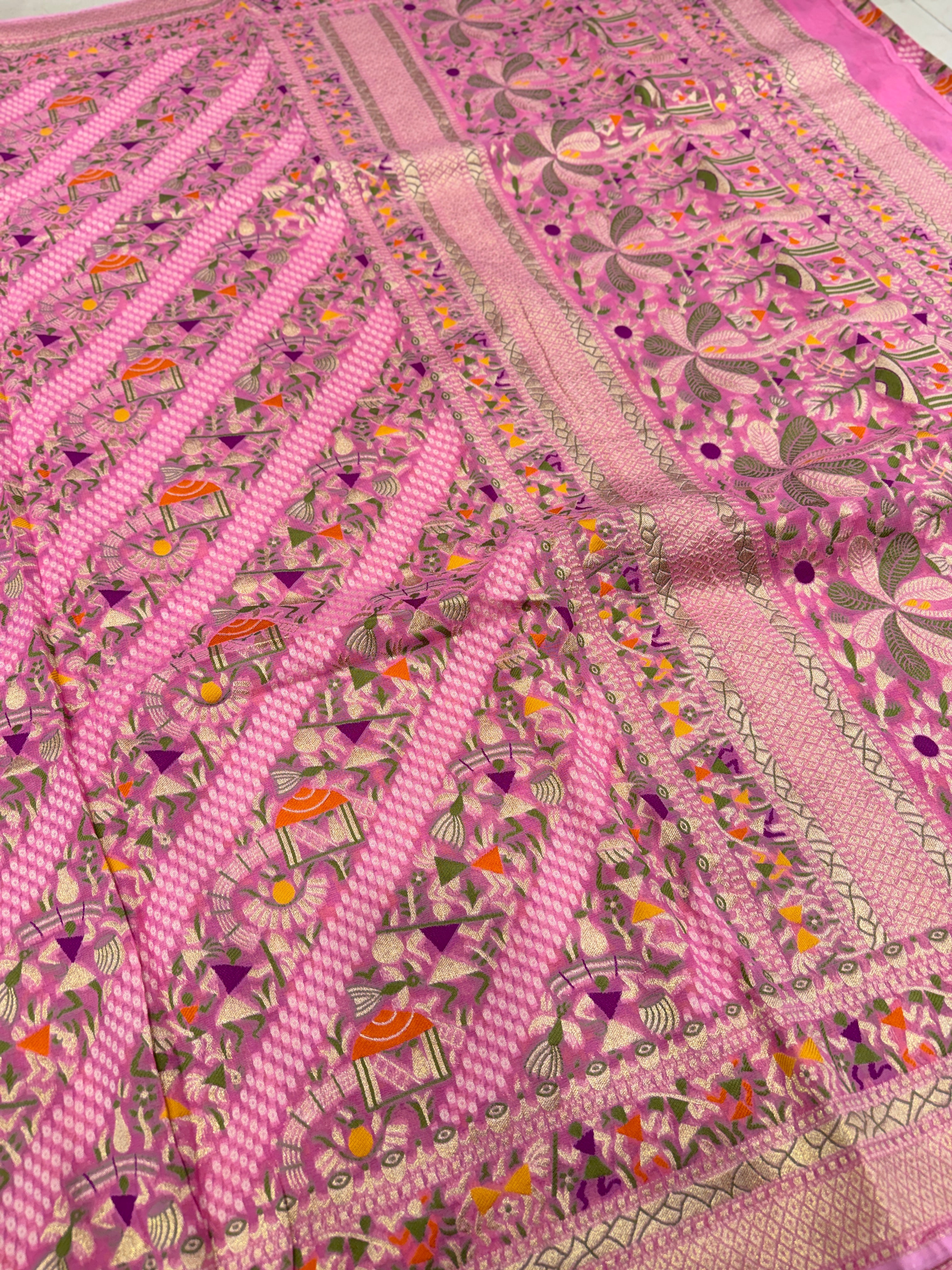 Light Pink Warli Style Woven Bandhej Georgette Saree