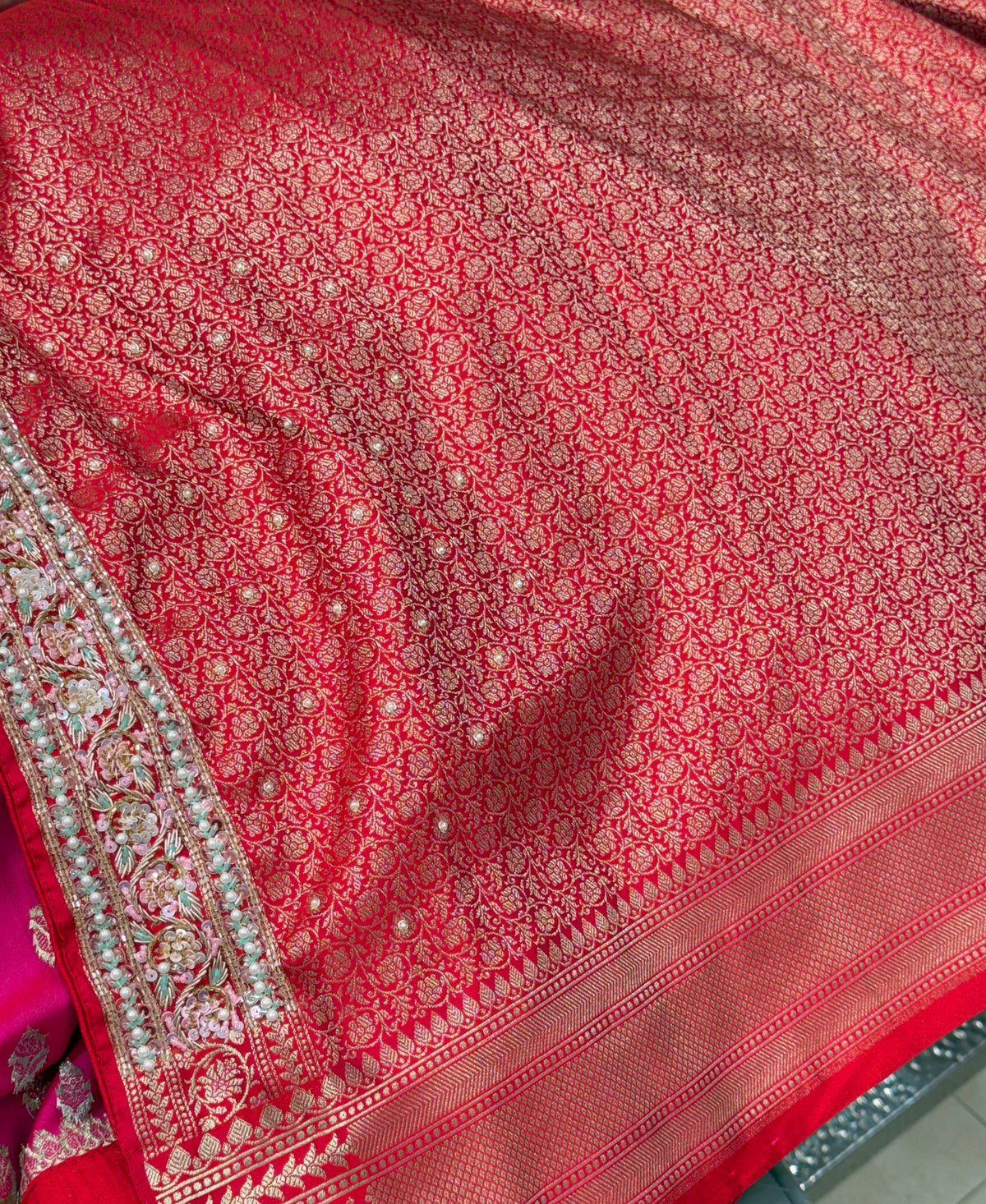 Red Banarasi Silk Sliver Golden Butti Fancy Embroidery Saree