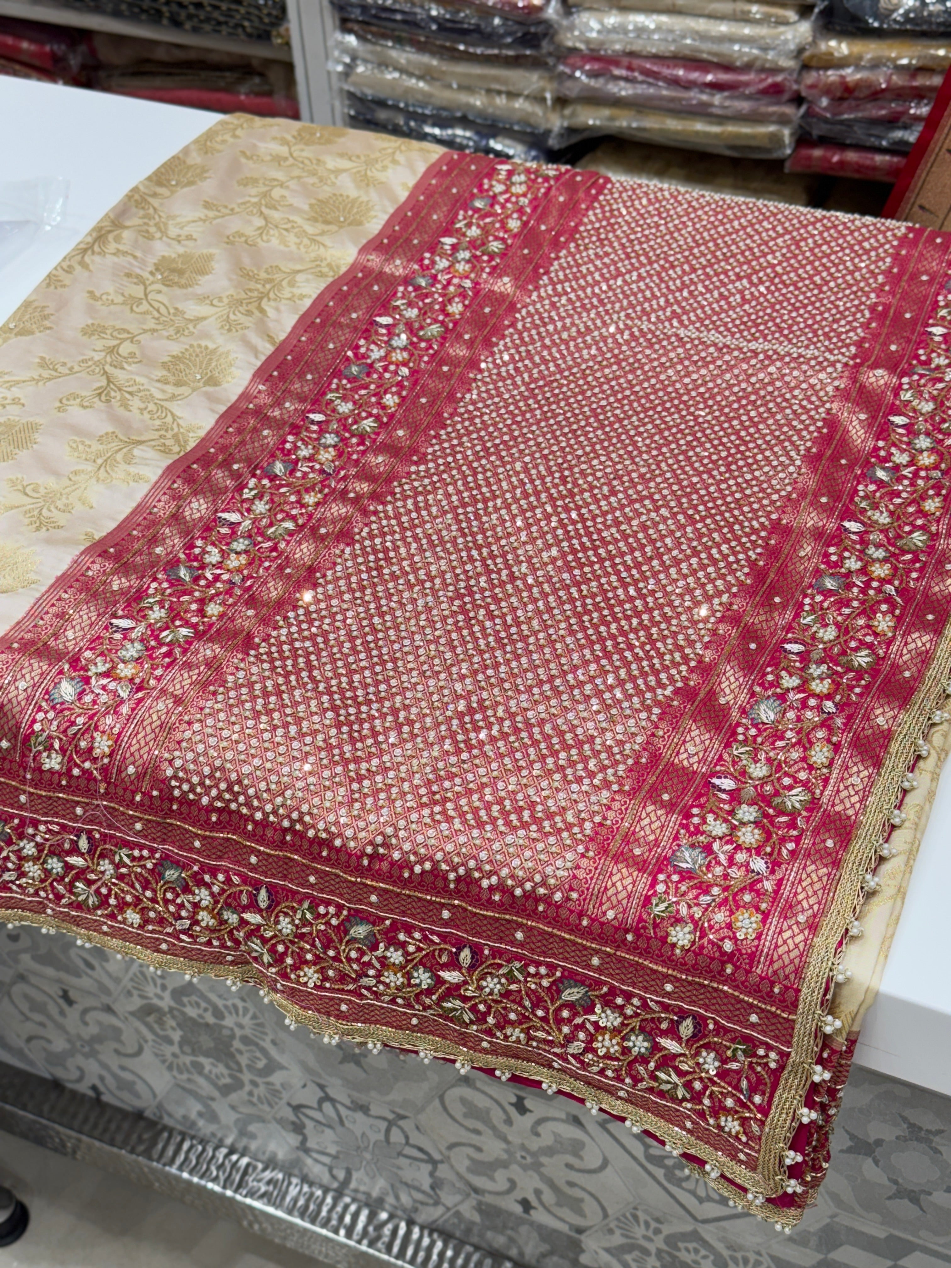 Beige Rani Banarasi Border Hand Embroidery Saree