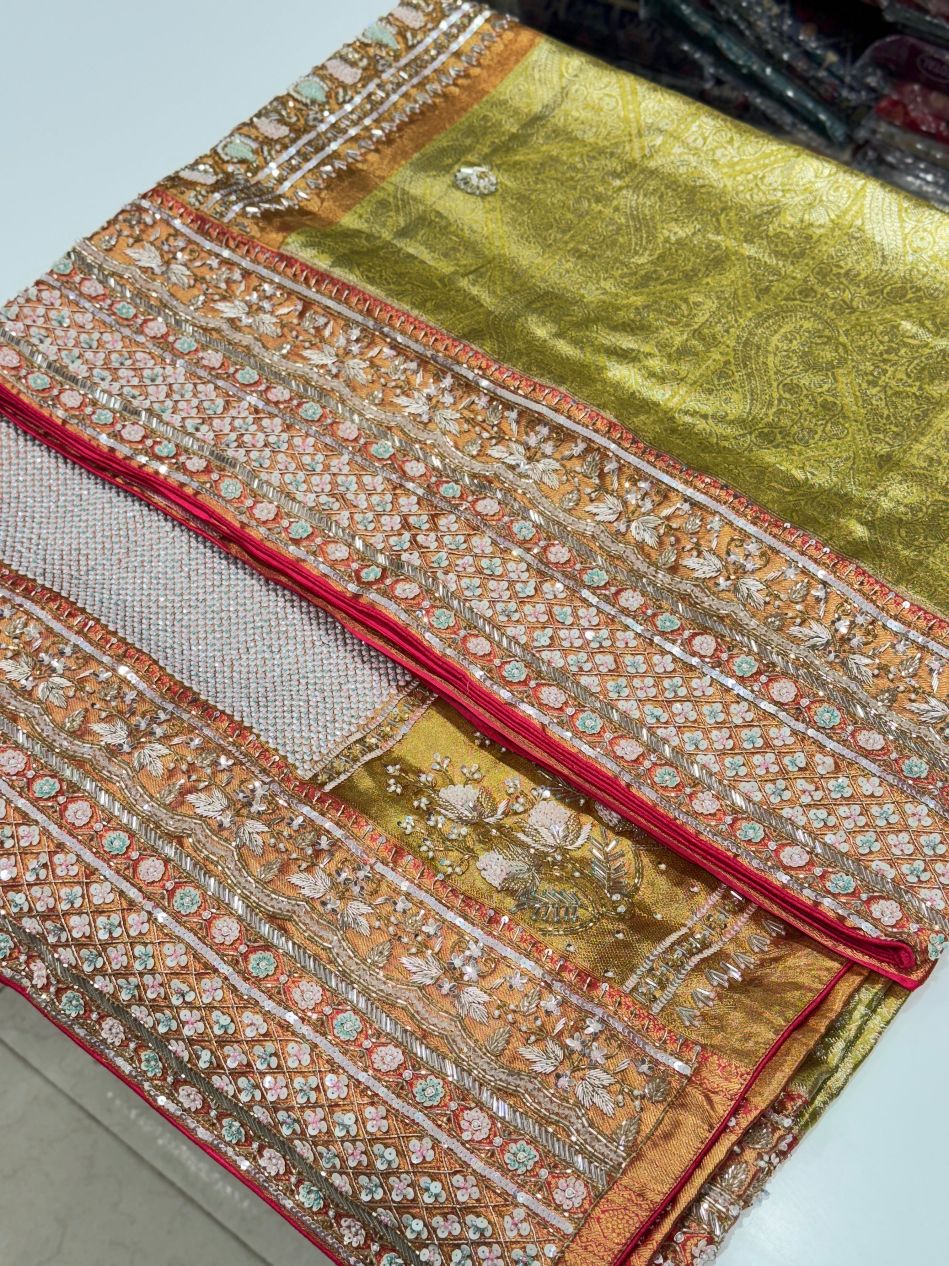 Pista Green Rani Tissue Kanjivaram Hand Embroidery Saree