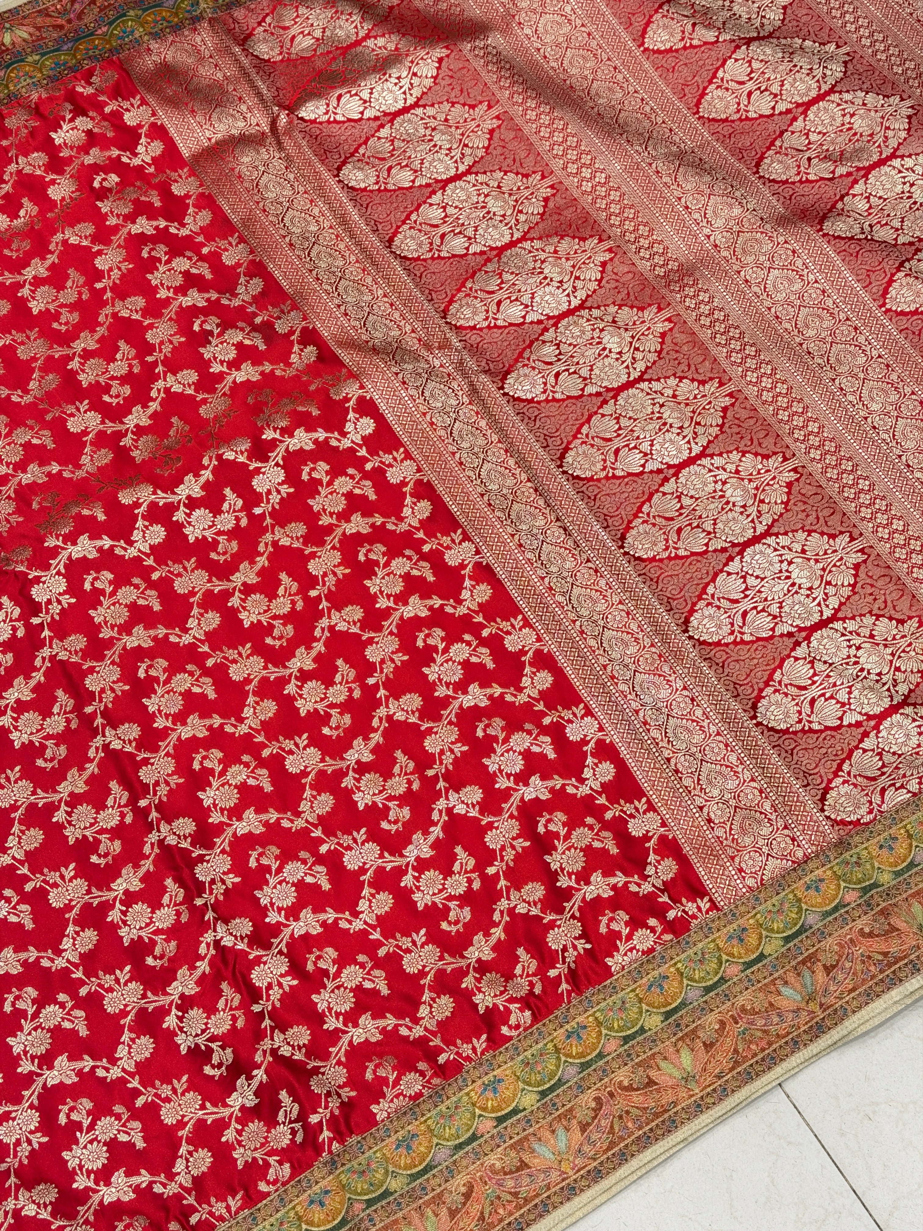 Red Fusion Banarasi Jaal Woven Silk Saree