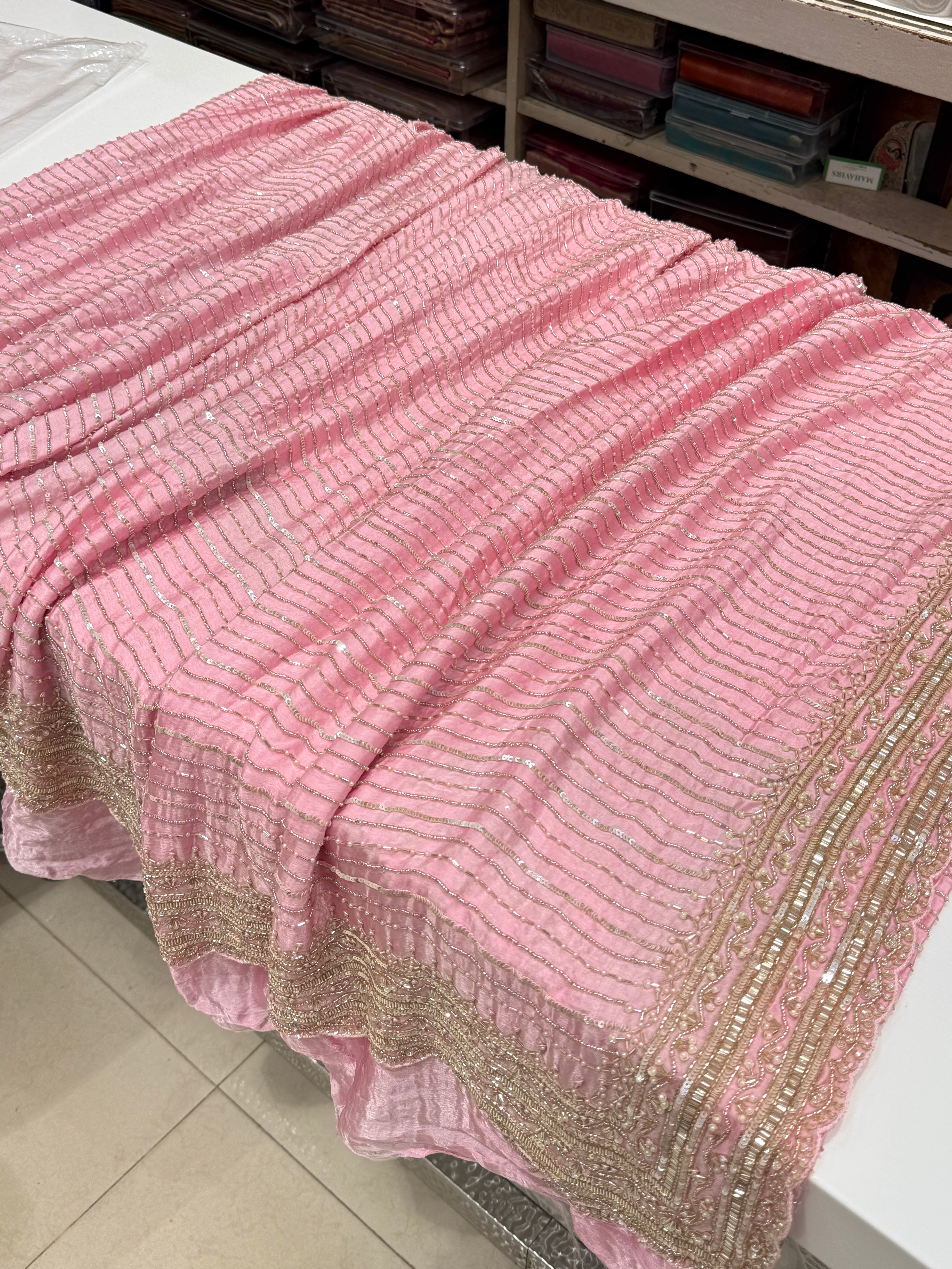 Pink Satin Crepe Moti MM inspired Hand Embroidery Saree