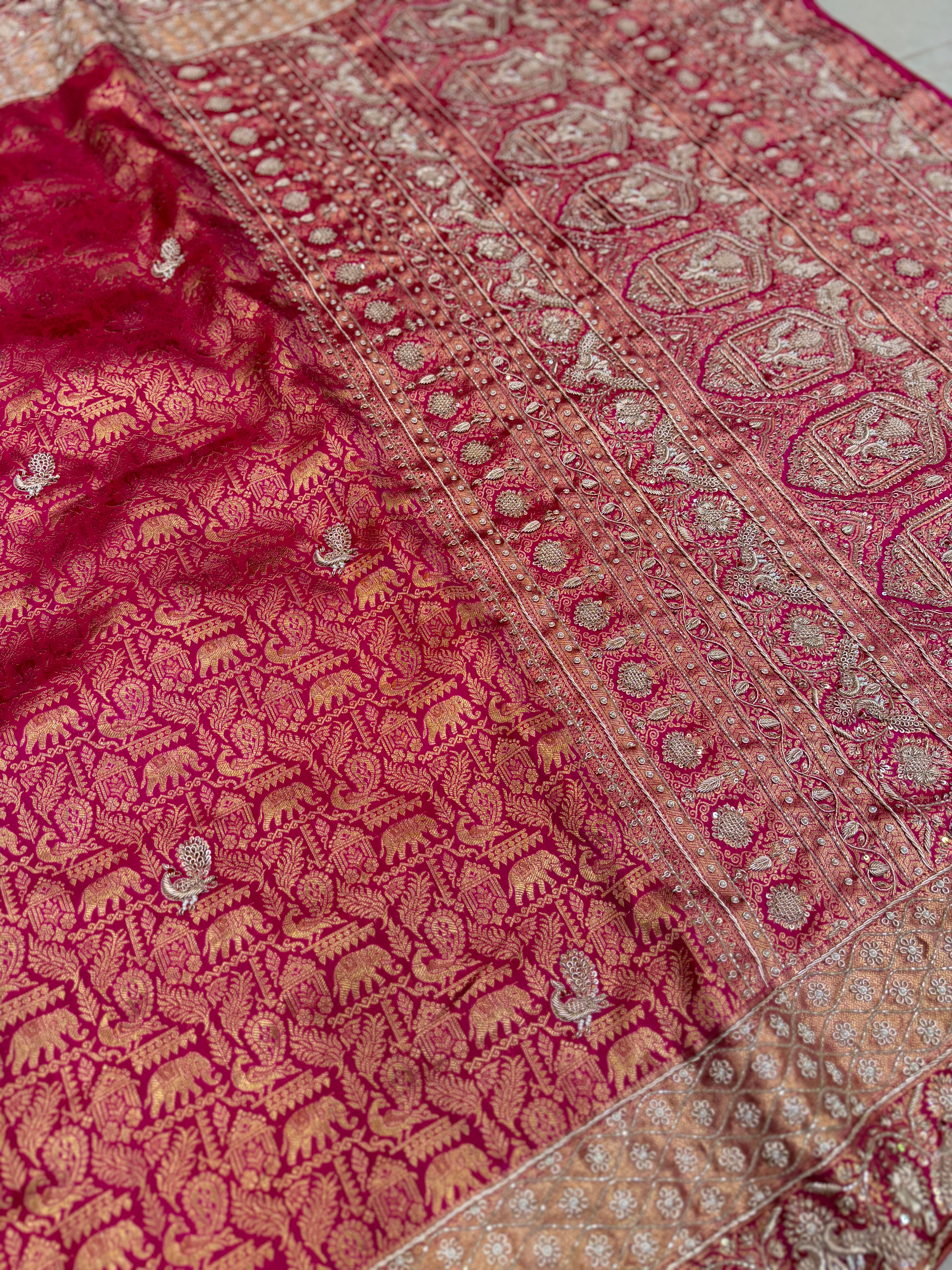 Rani Pink Kanjivaram Peacock Motifs Zardosi Hand Embroidery Saree