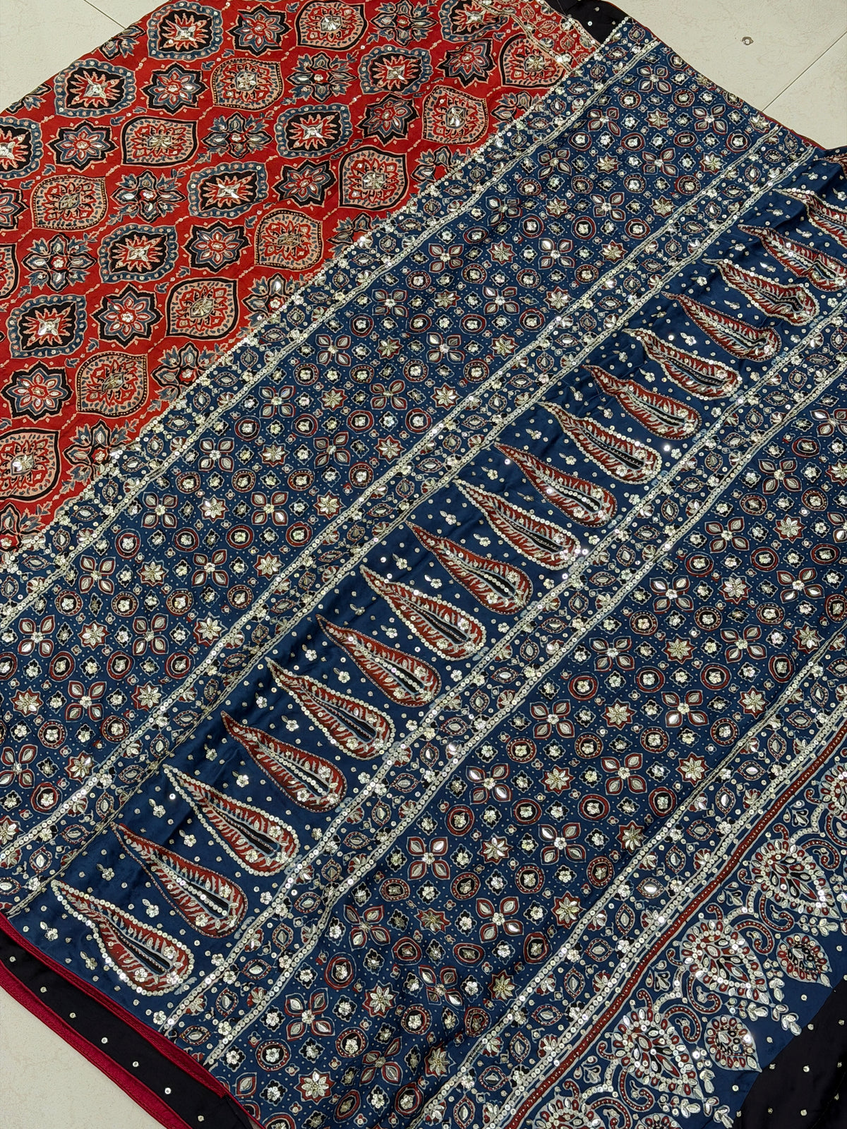 Red Blue Badam Jaal Ajrakh Sequin Moti Hand Embroidery Saree