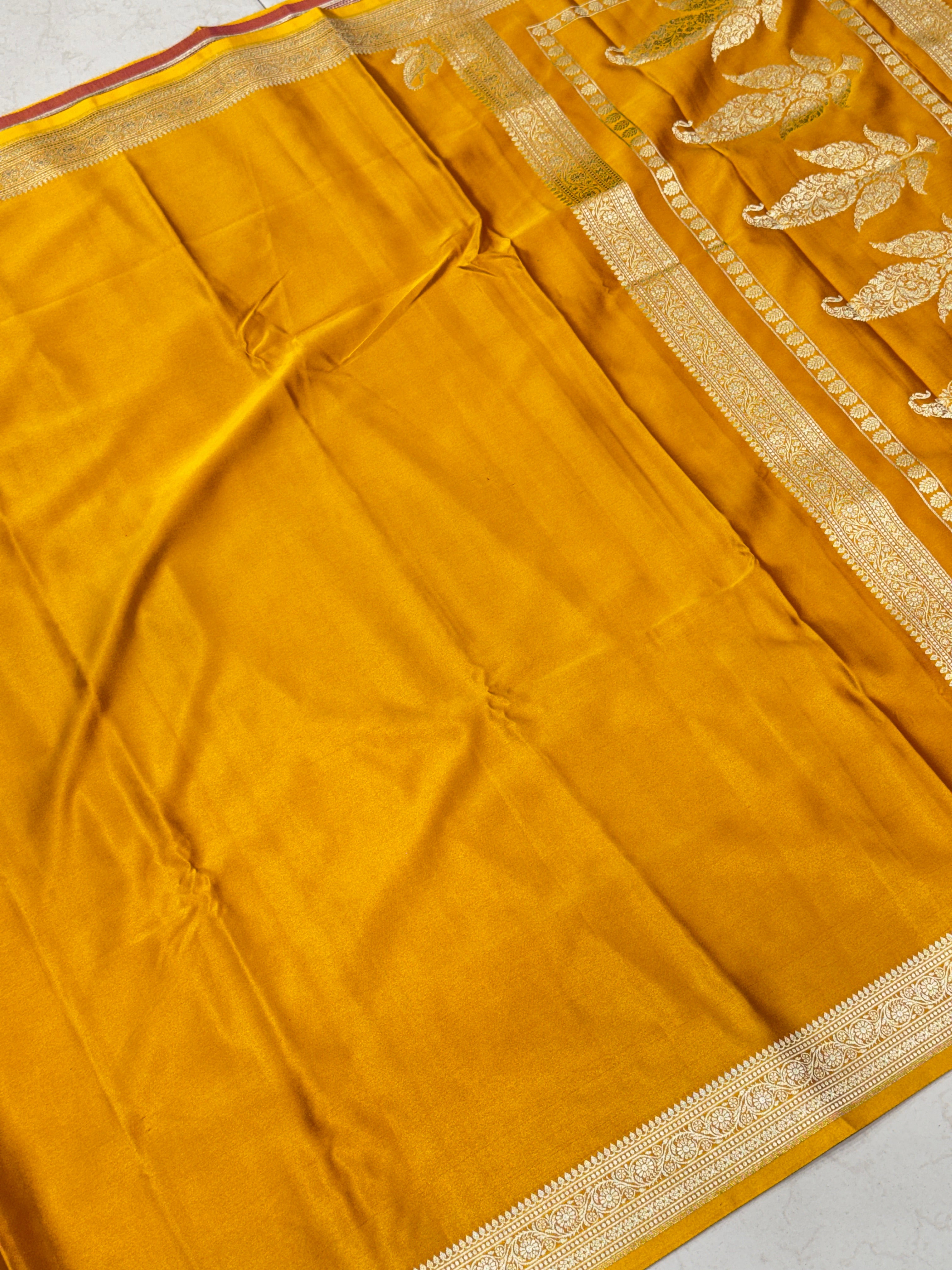 Mustard Yellow Banarasi Silk Plain Small Border Saree