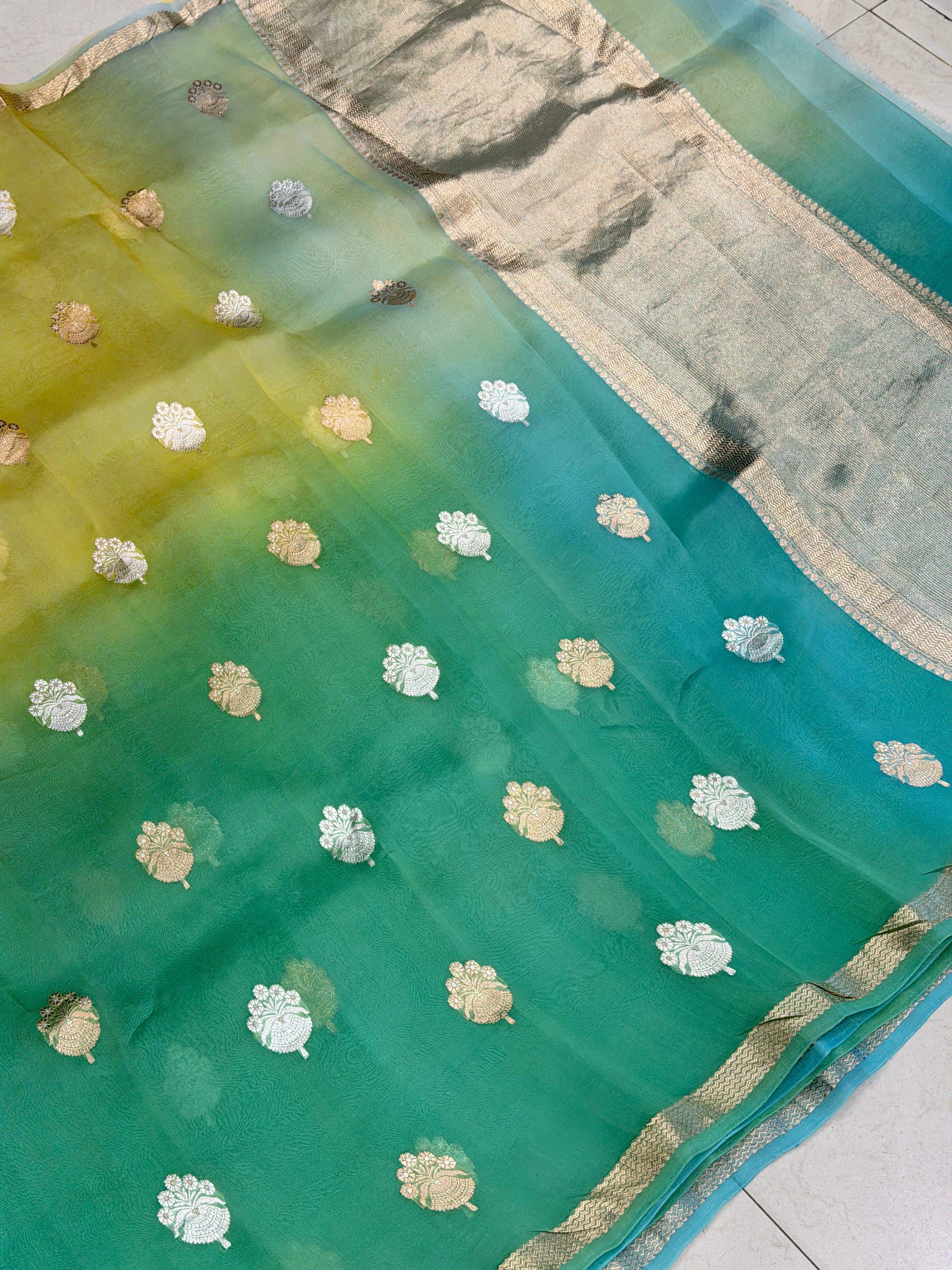 Green Shaded Banarasi Kora Handloom Saree