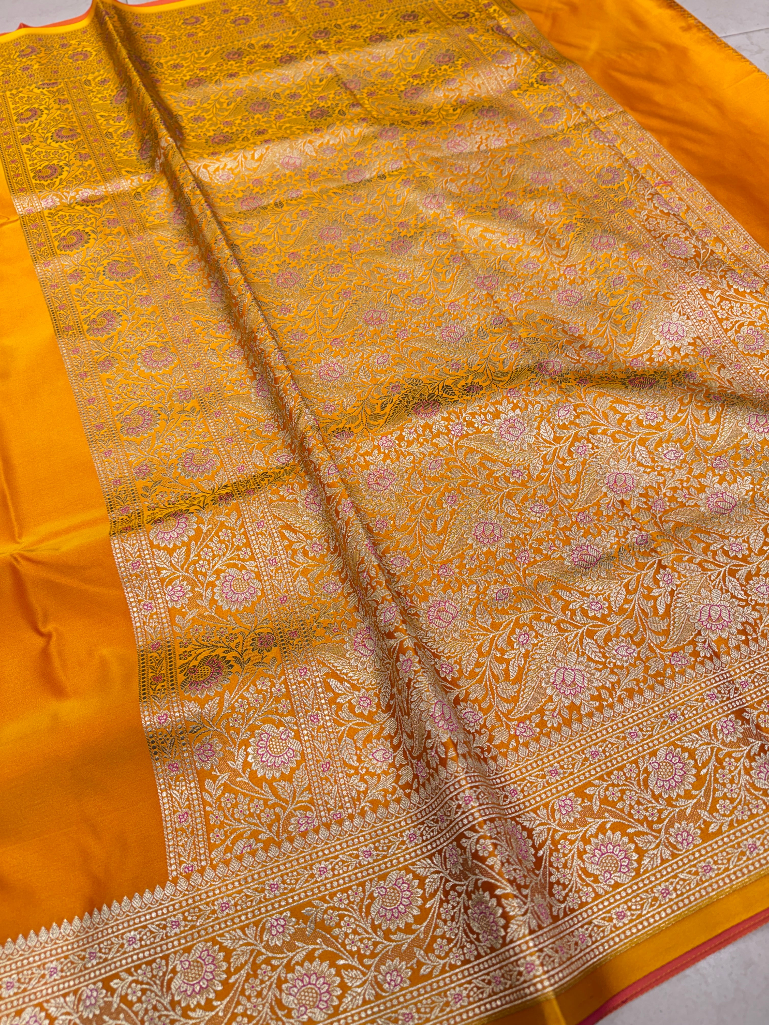 Mango Yellow Banarasi Plain Upside Down Border Saree