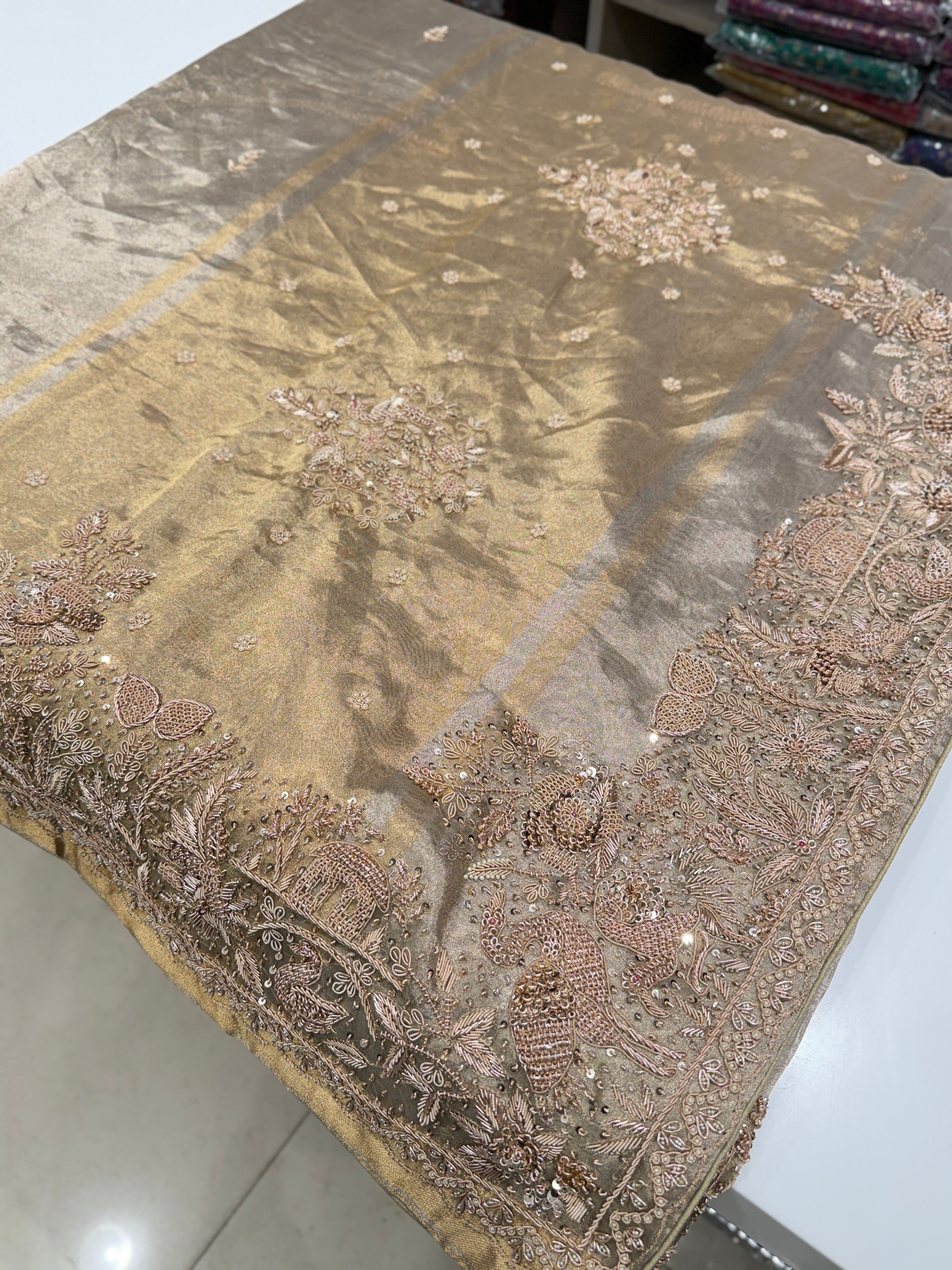 Tissue Parsi Style Zardosi Hand Embroidery Saree