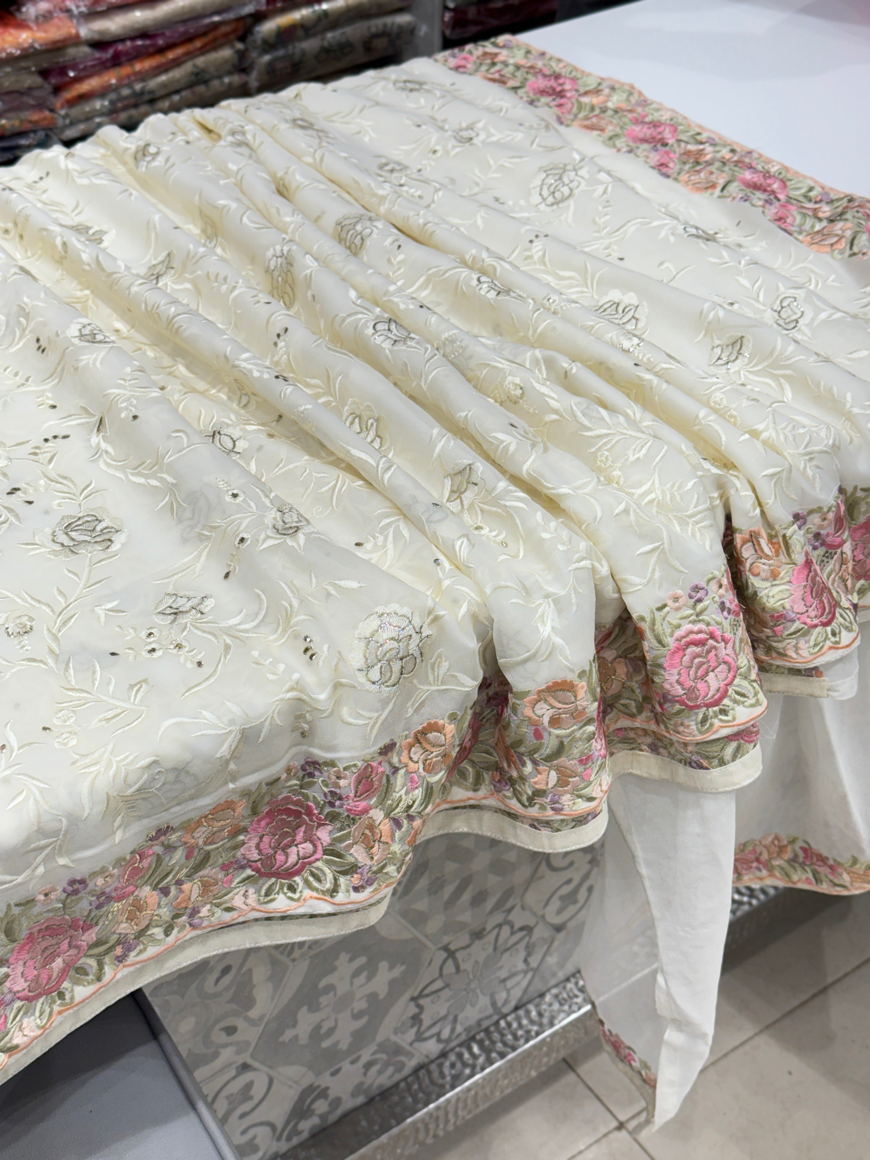 White Multi Resham Parsi Gara On Georgette