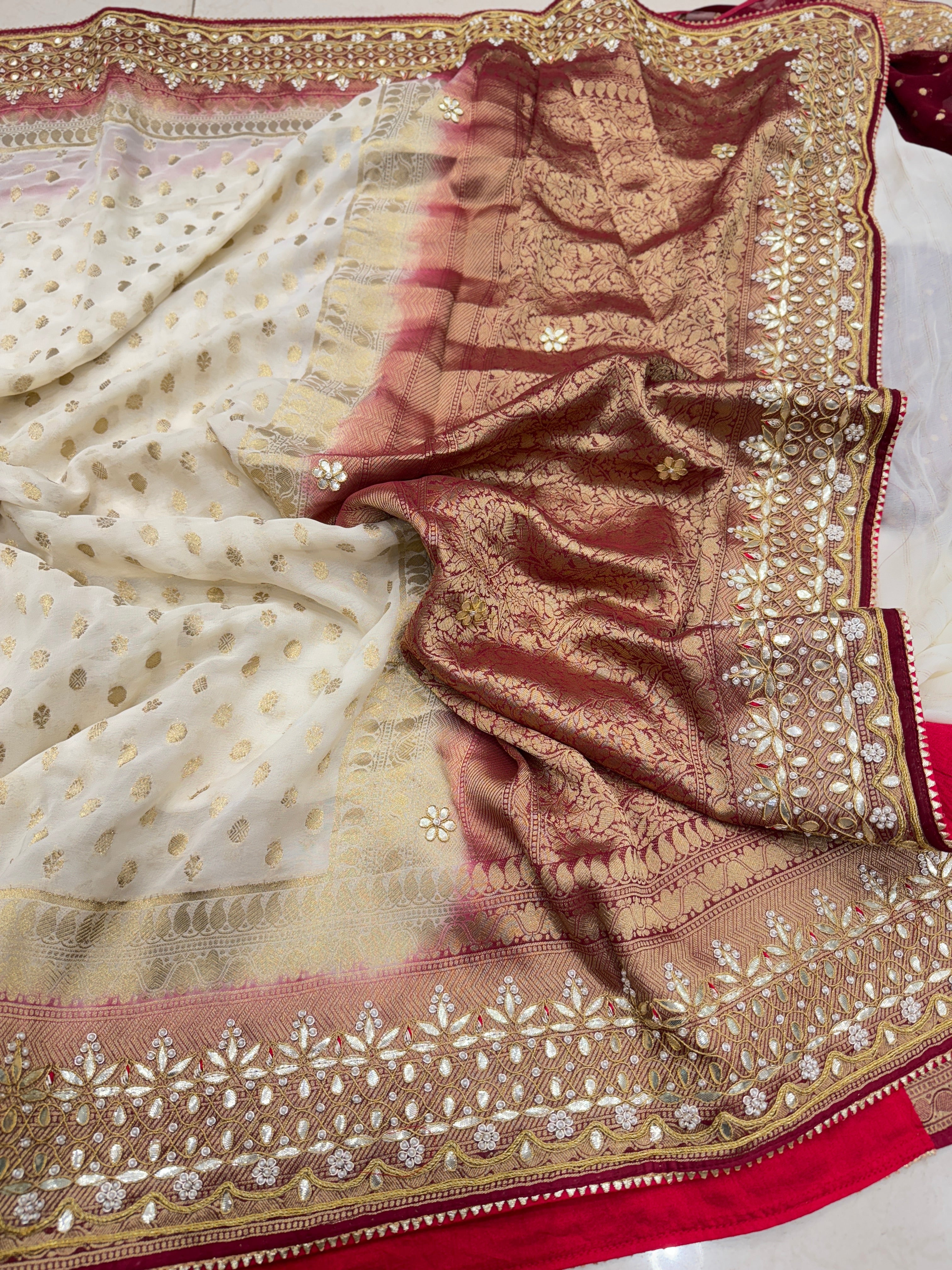 Beige Maroon Buttis Georgette Gotapatti Saree