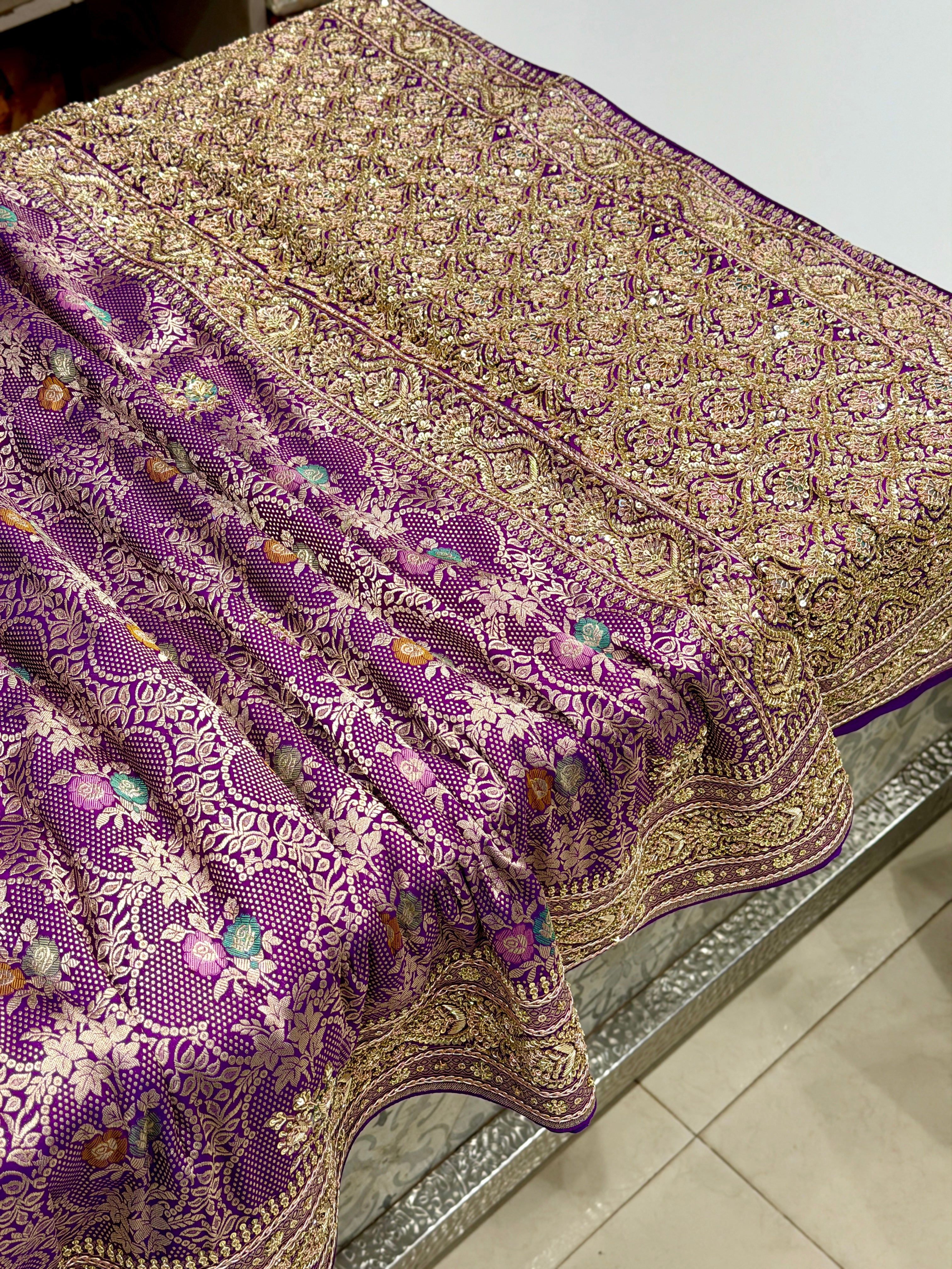 Violet Brocade Meenakari Handloom Banarasi Katan Silk Zardosi Hand Embroidery Saree