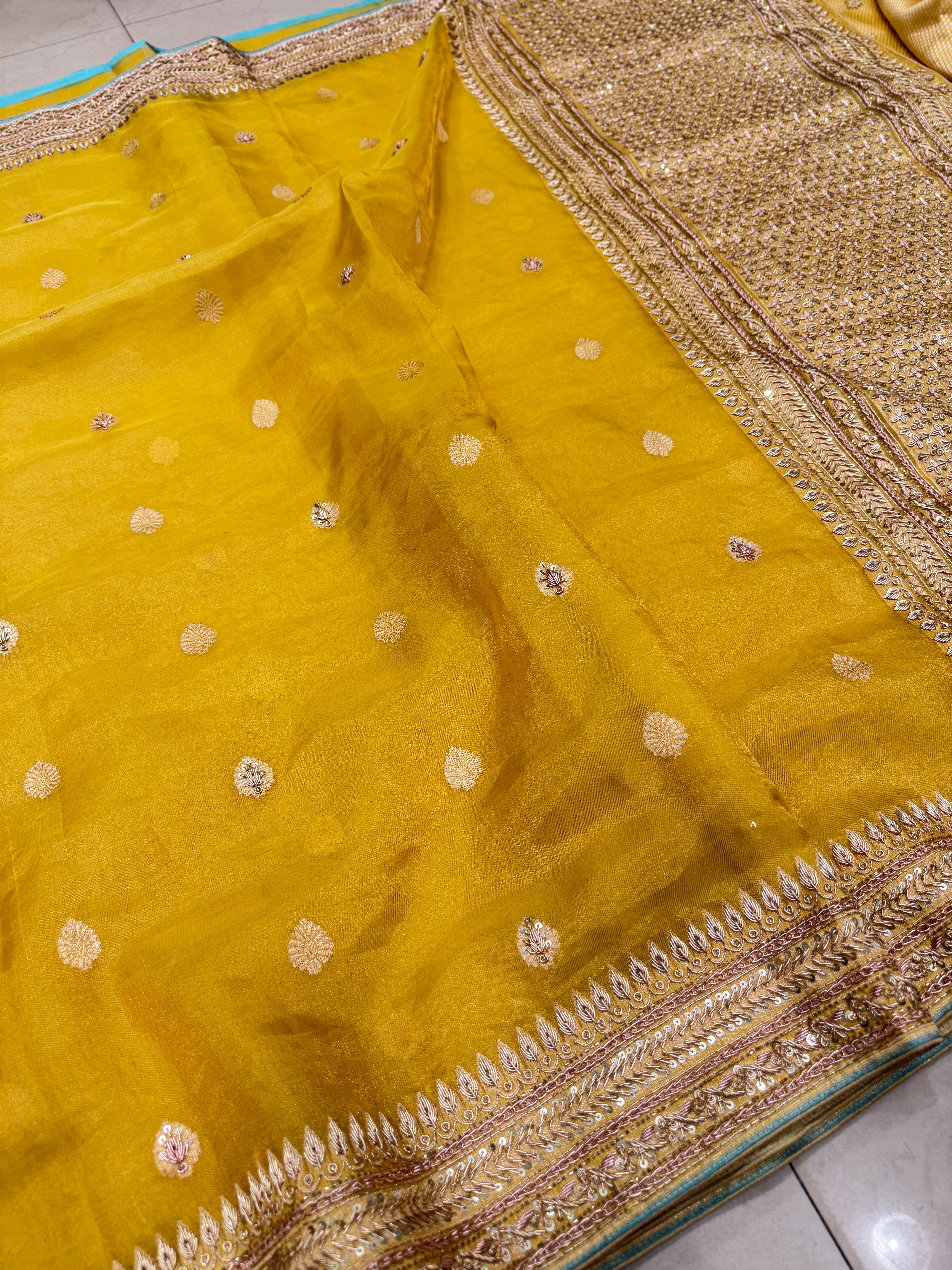 Yellow Banarasi Tissue Handloom Kadwa Weave Zardosi Embroidery Saree