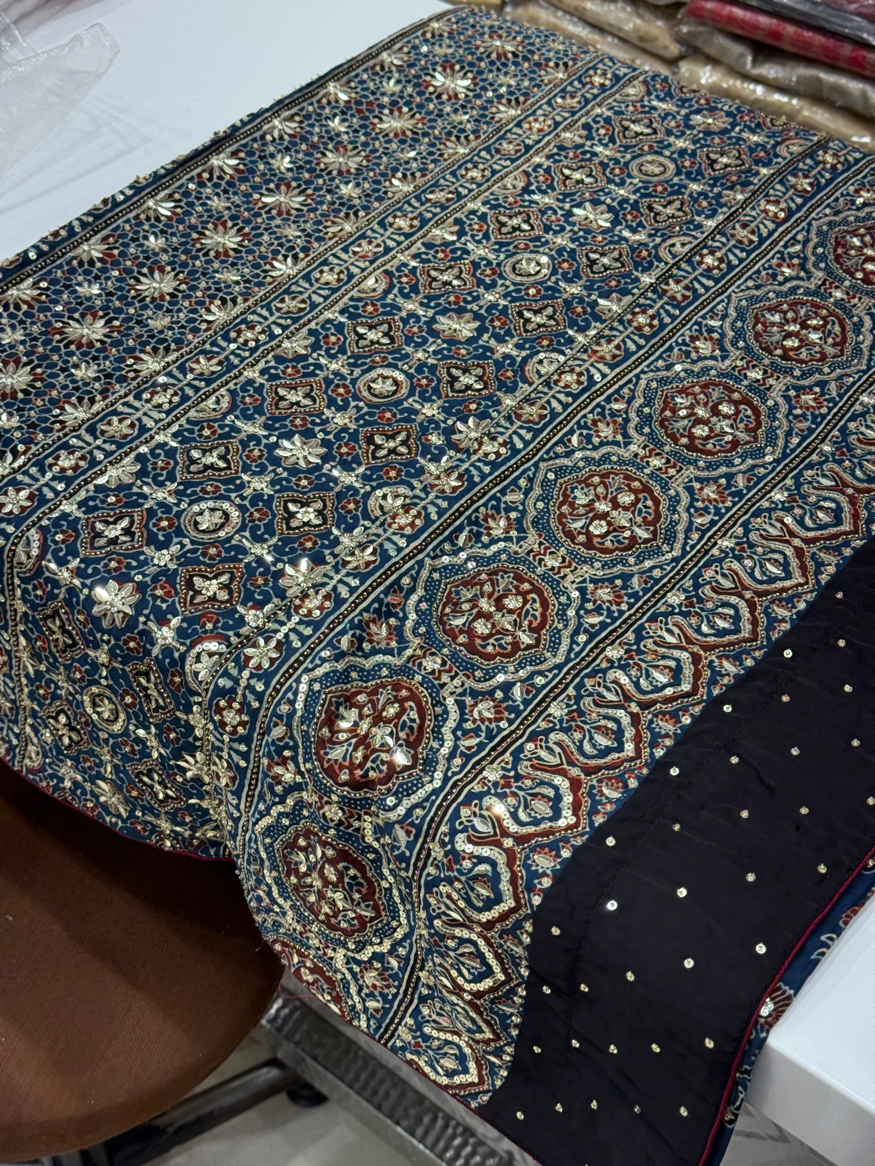 Blue Ajrakh Buttas Sequins Hand Embroidery Saree