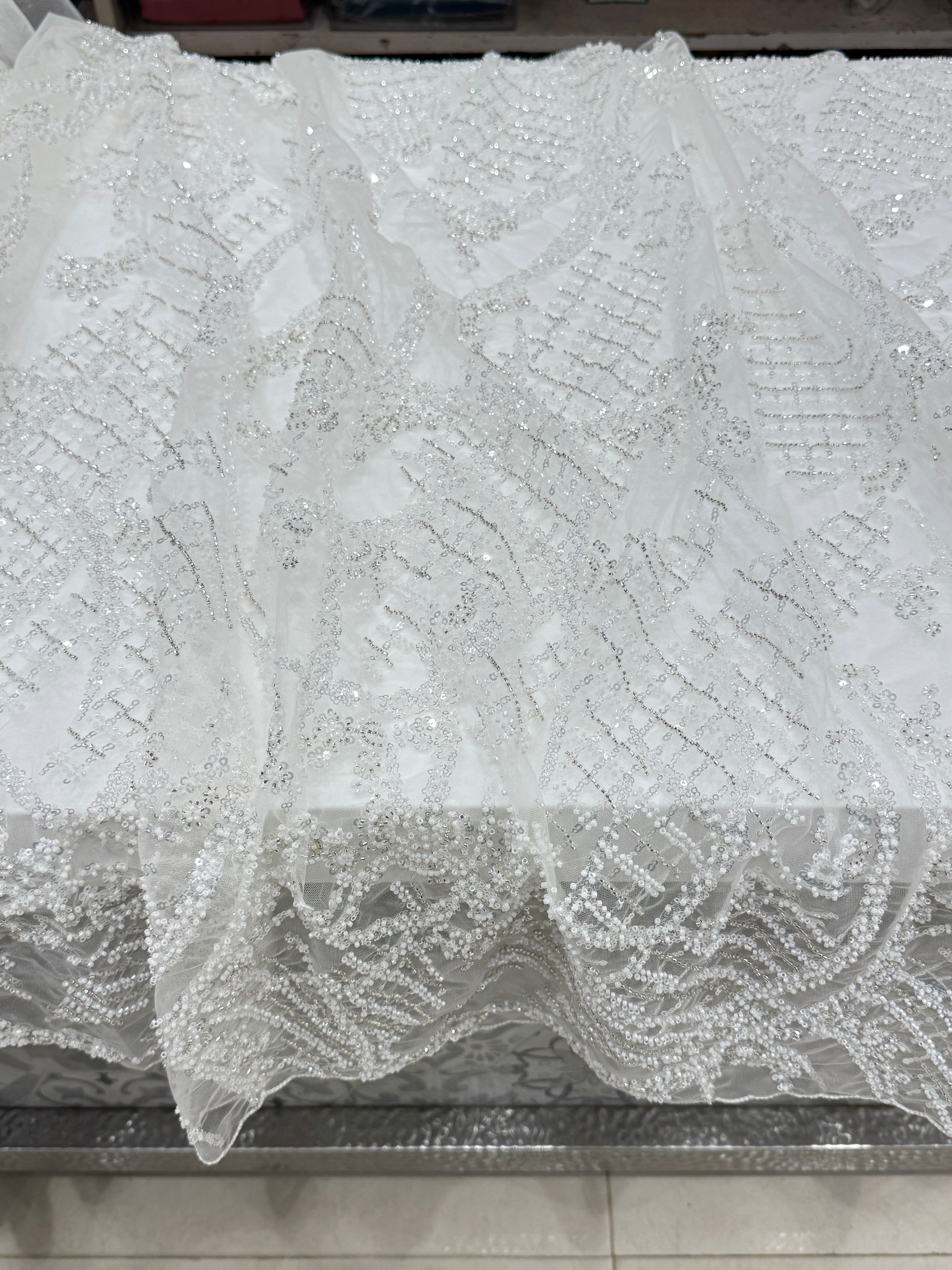 White Net Embroidery Moti Cutdana Soft Saree