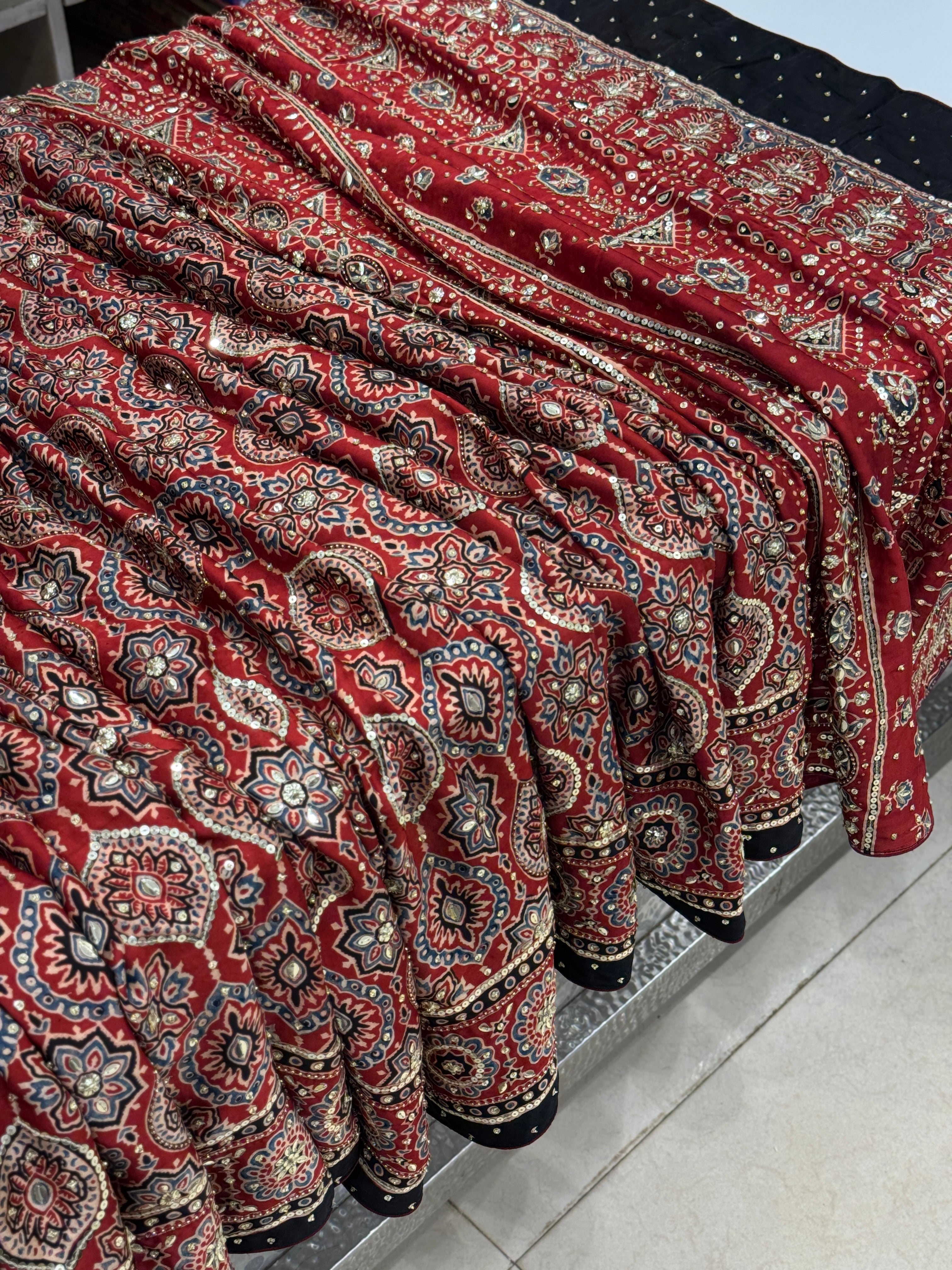 Red Ajrakh Badam Buttas Sequin Moti Hand Embroidery Saree