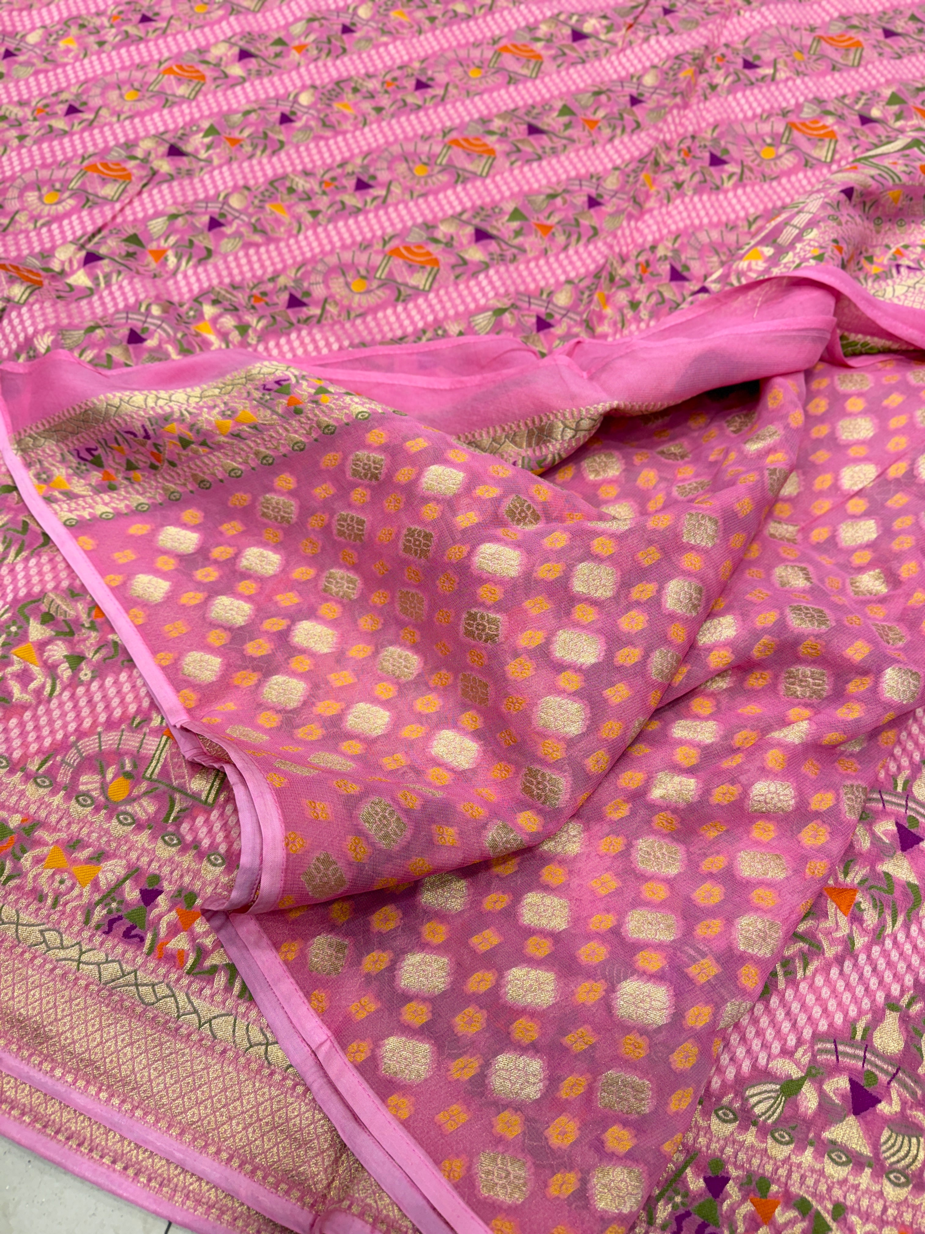 Light Pink Warli Style Woven Bandhej Georgette Saree