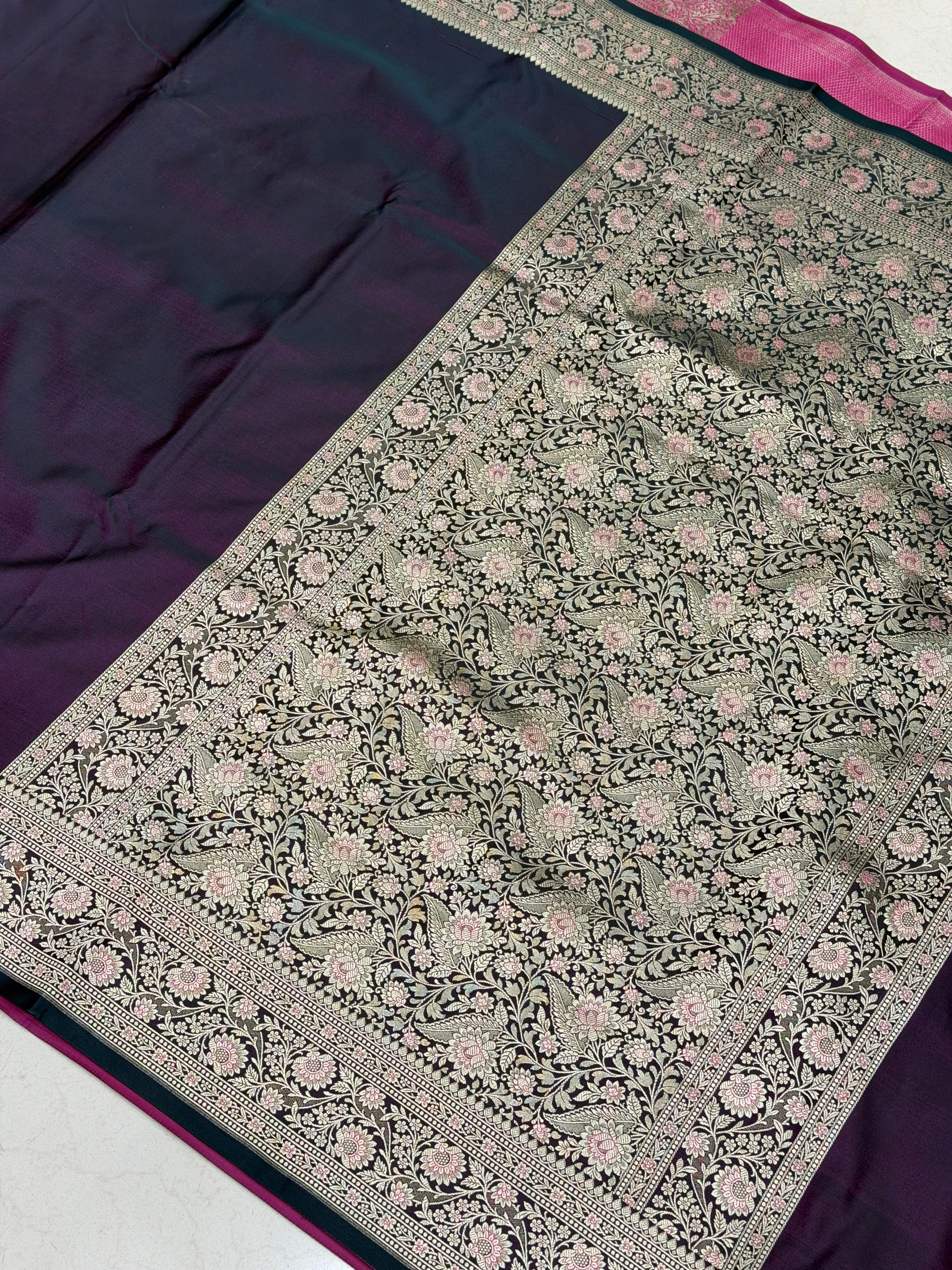 Dark Wine Upside Down Banarasi Raw Mango Style Plain Silk Saree