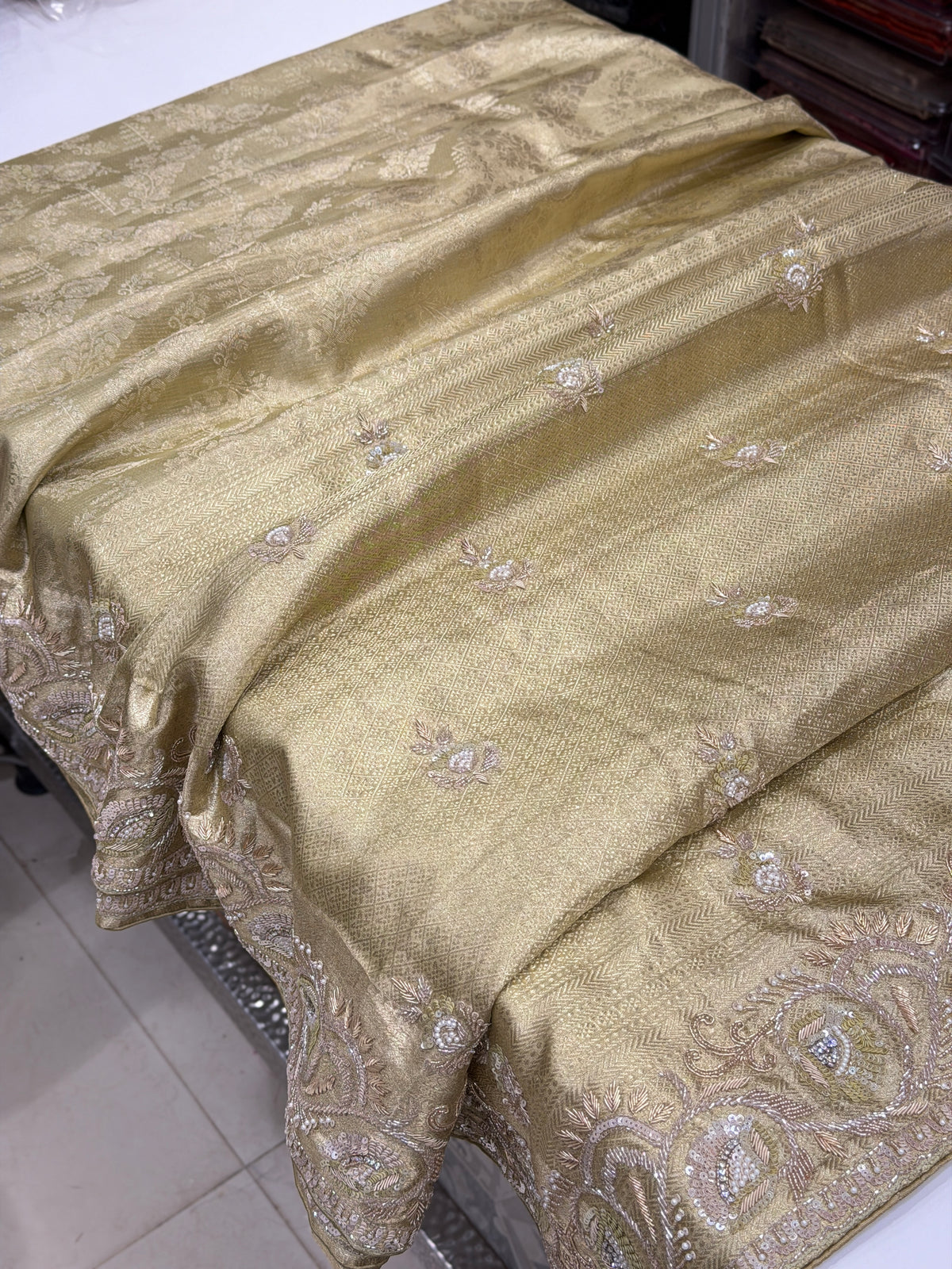 Golden Floral Jaal Kanjivaram Moti Zardosi Hand Embroidery Saree
