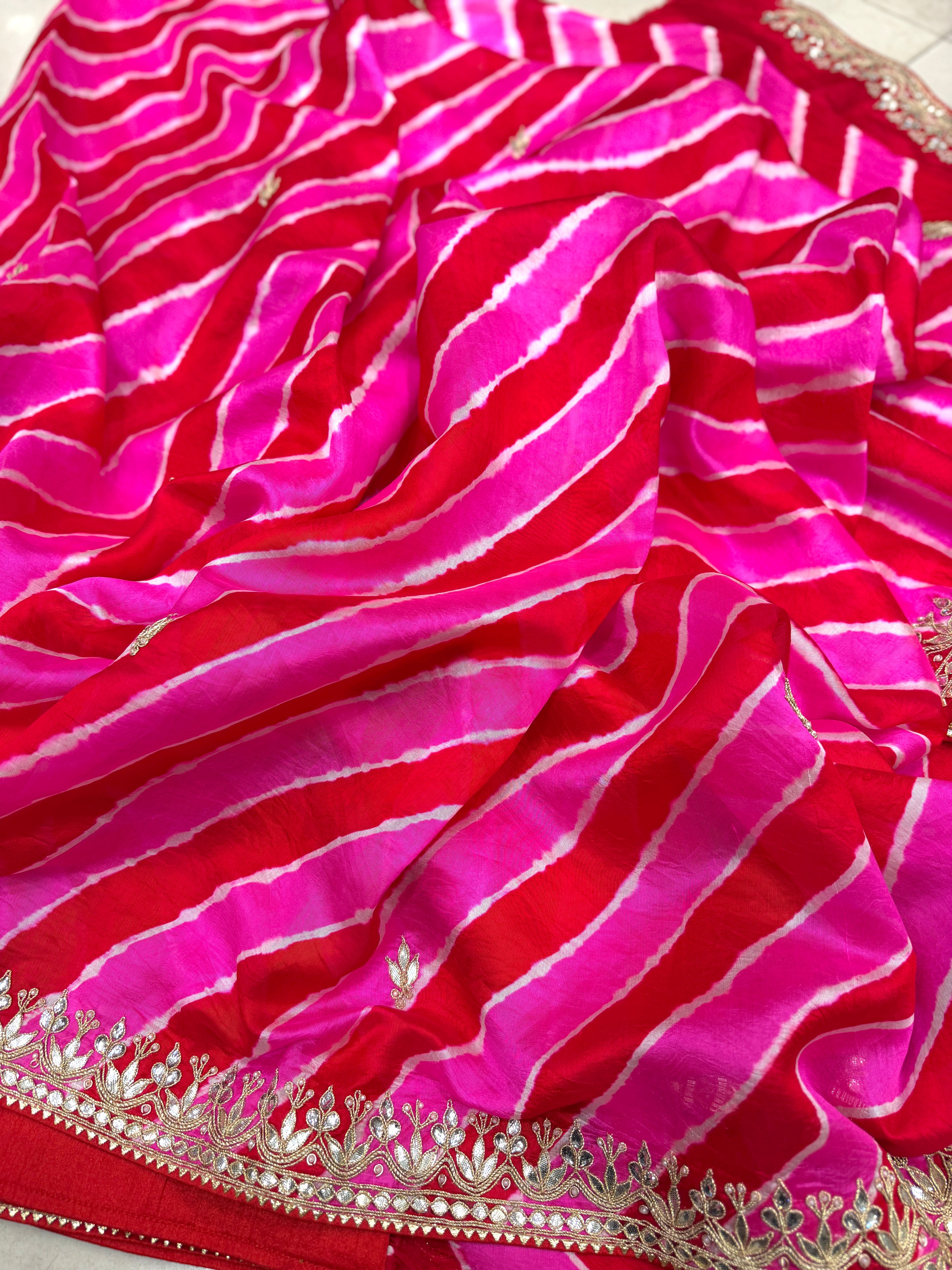 Rani Pink Leheriya Tussor with Gotapatti Embroidery Saree