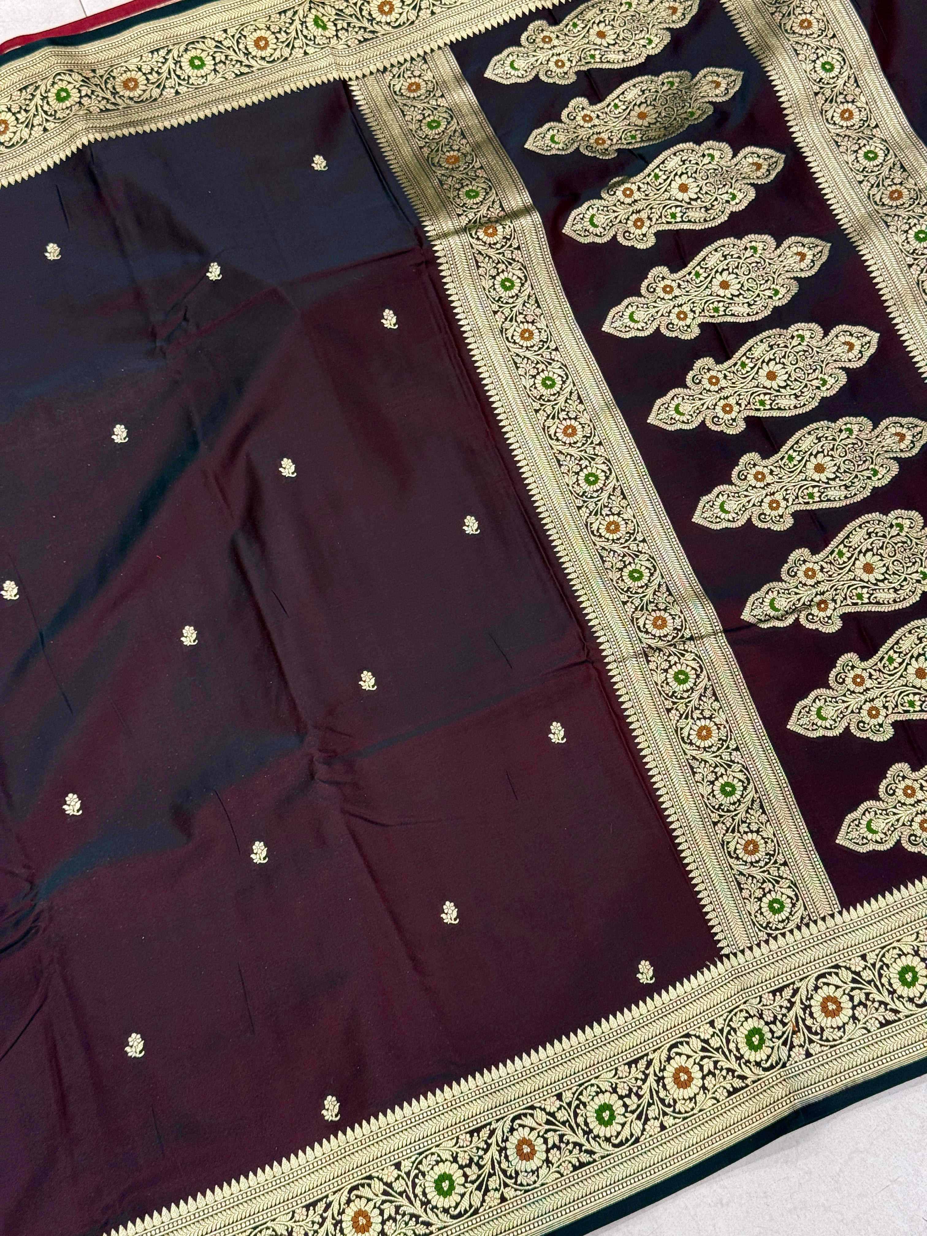 Browish Red Banarasi Silk Floral Buttis Meenakari Border Silk Saree