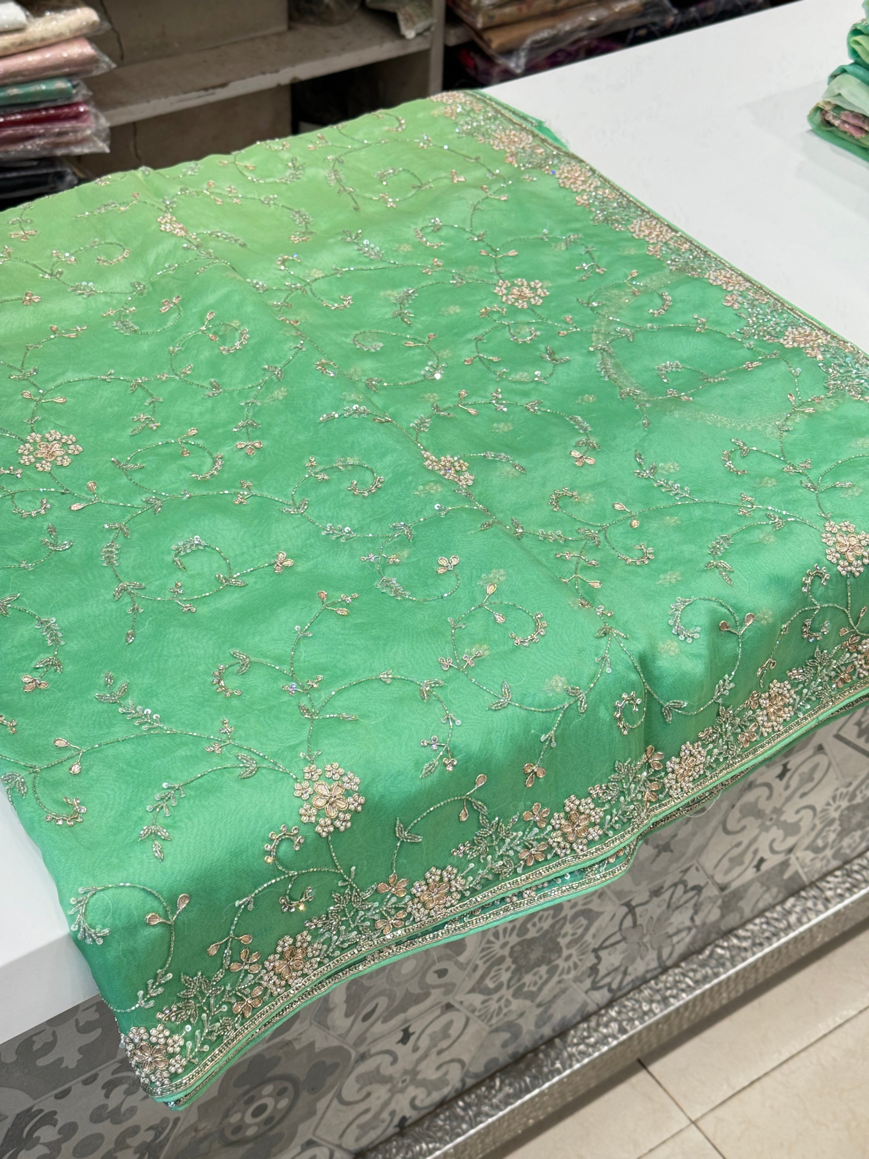 Green Shaded Jaal Organza Embroidery Saree