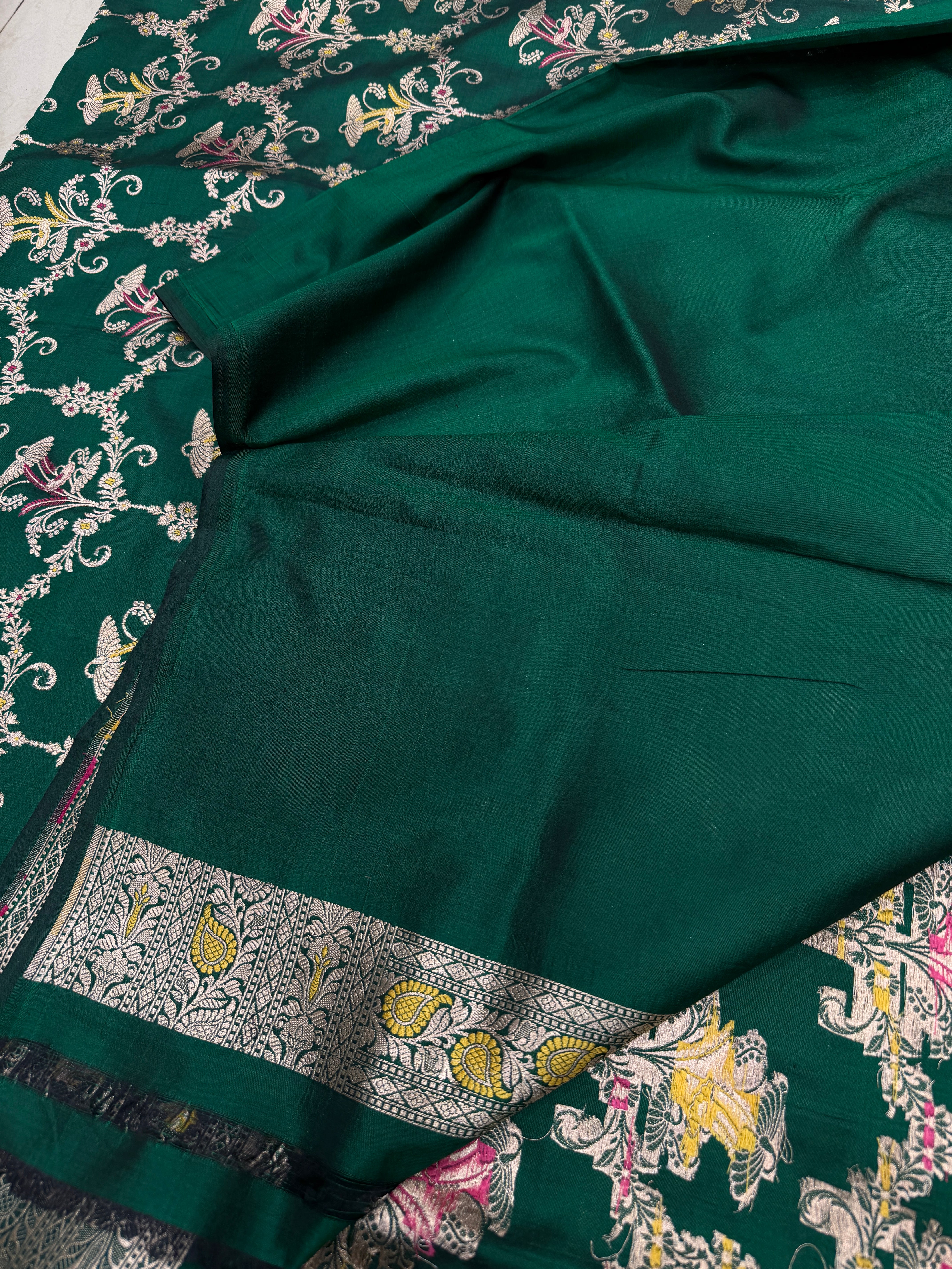 Bottle Green Handloom Meenakari Katan Silk Saree