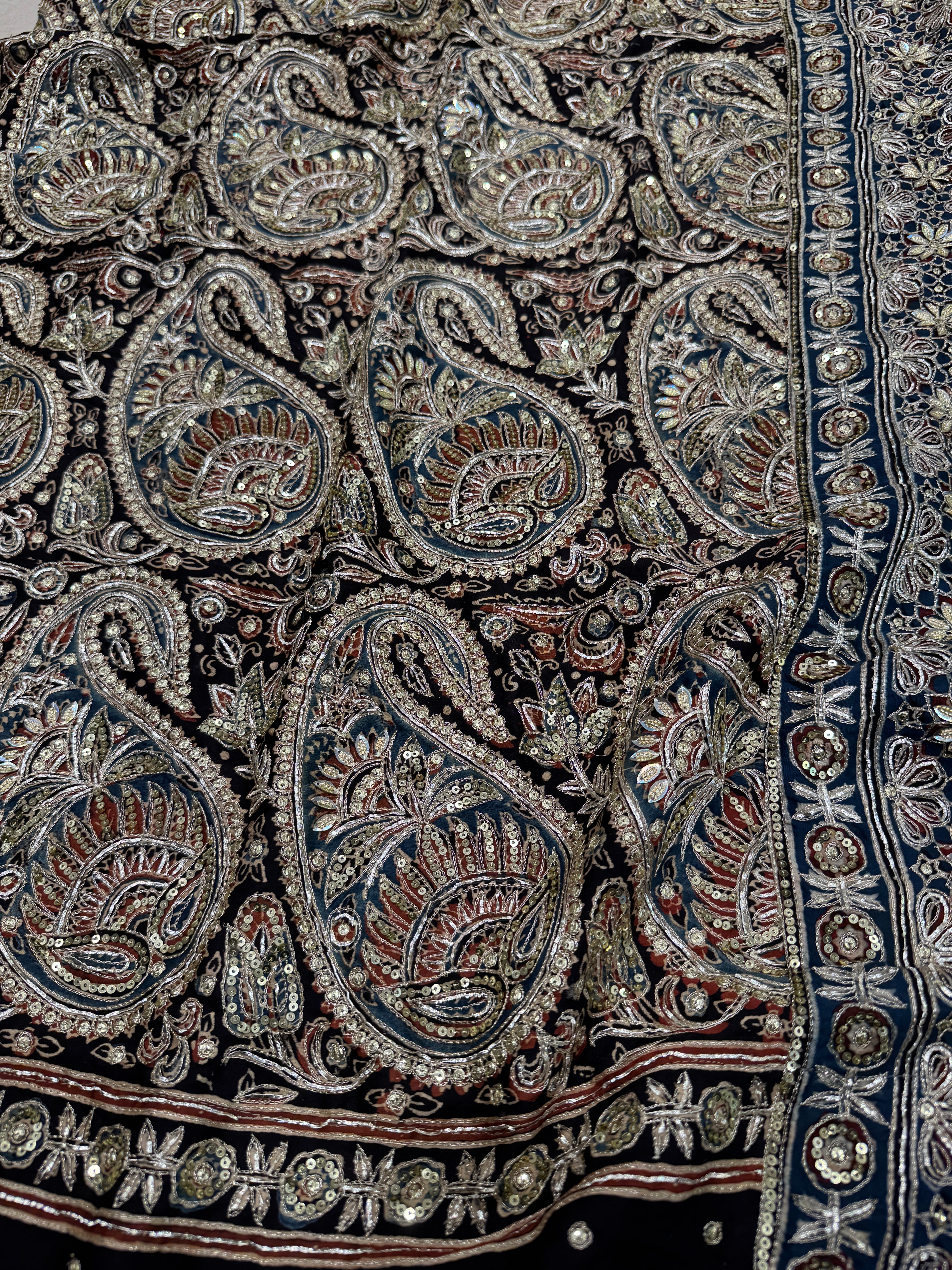 Black Keri Jaal Ajrakh Blue Pallu Hand Embroidery Zardosi and Pita Work