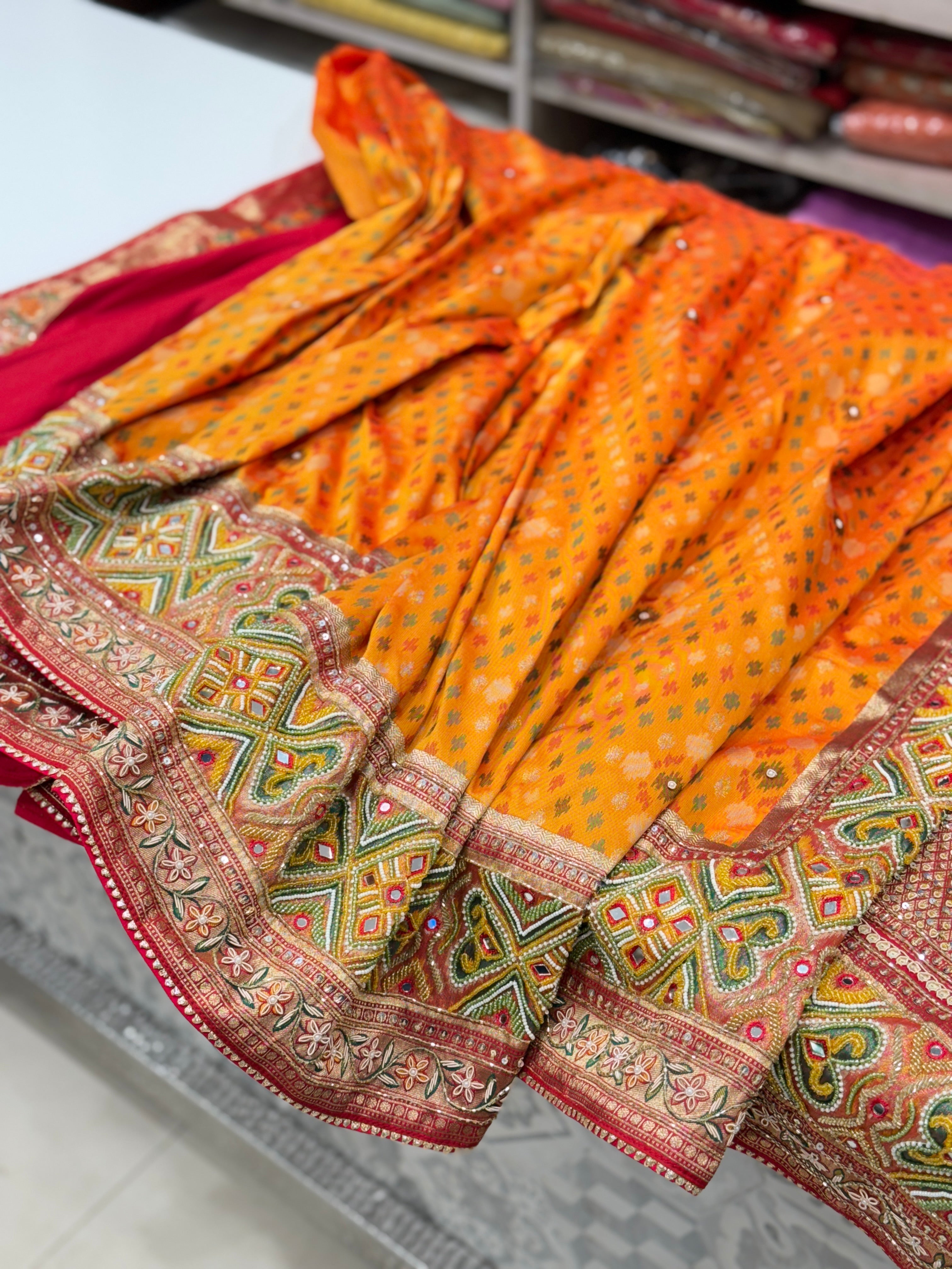 Orange Patola Moti Embroidery Saree