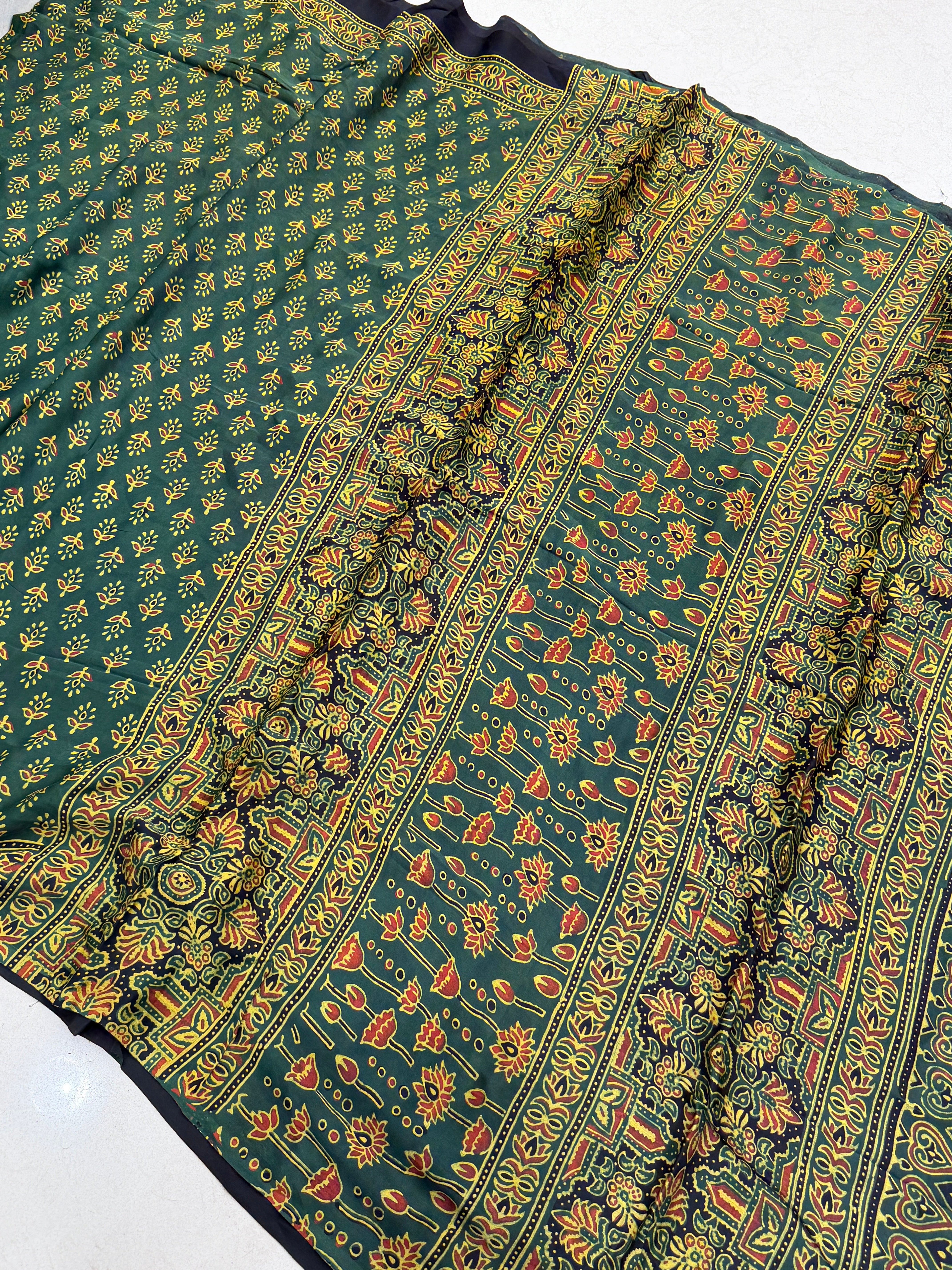 Bottle Green Buttis Ajrakh Hand Block Print Pure Gajji Silk Saree